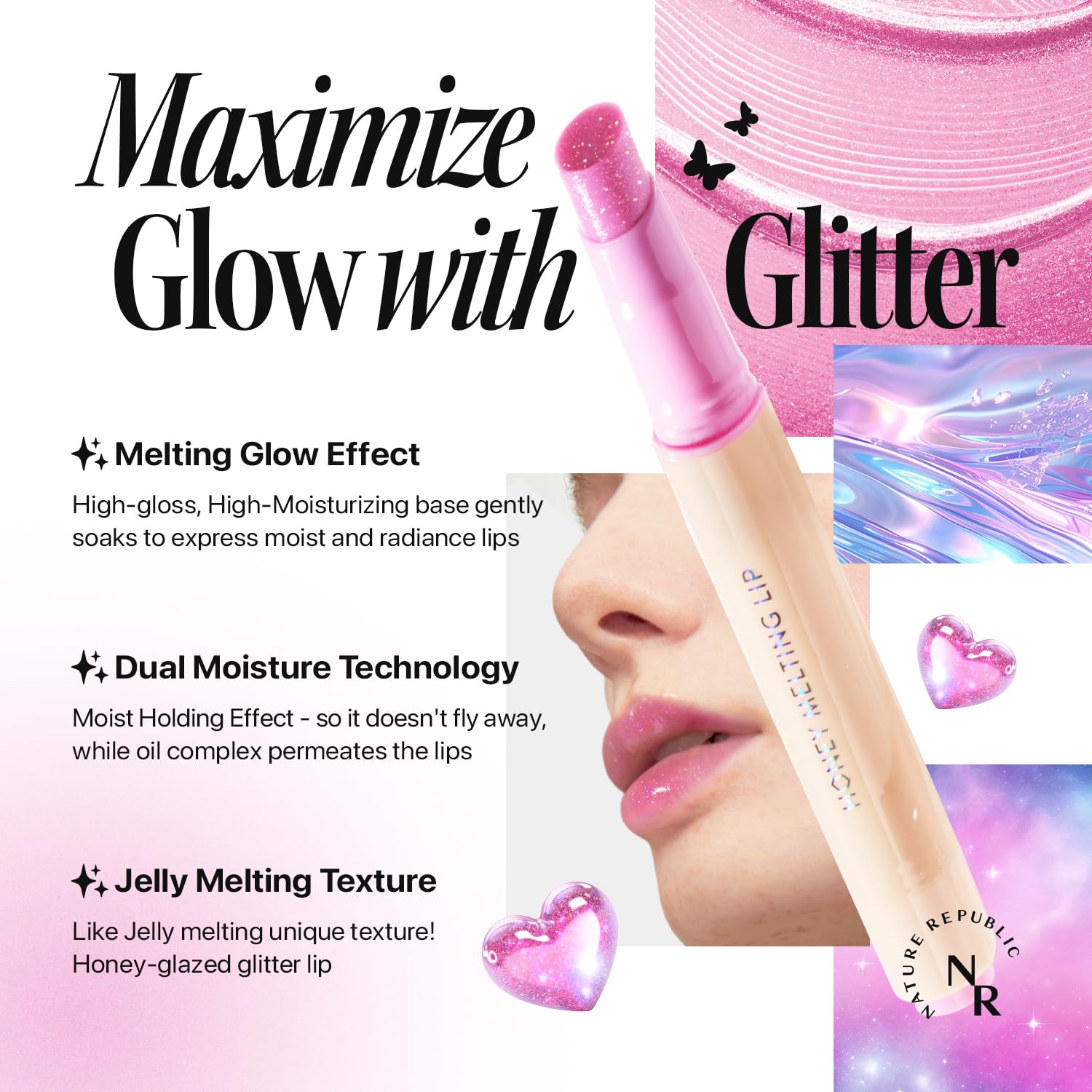Nature Republic HONEY MELTING LIP GLITTER (13 AURORA) SOFT LIP STICK Hydrating Gloss, Moisturizing balms, Shine Glimmer Finish, Shimmery-Sheer tint, korean make up