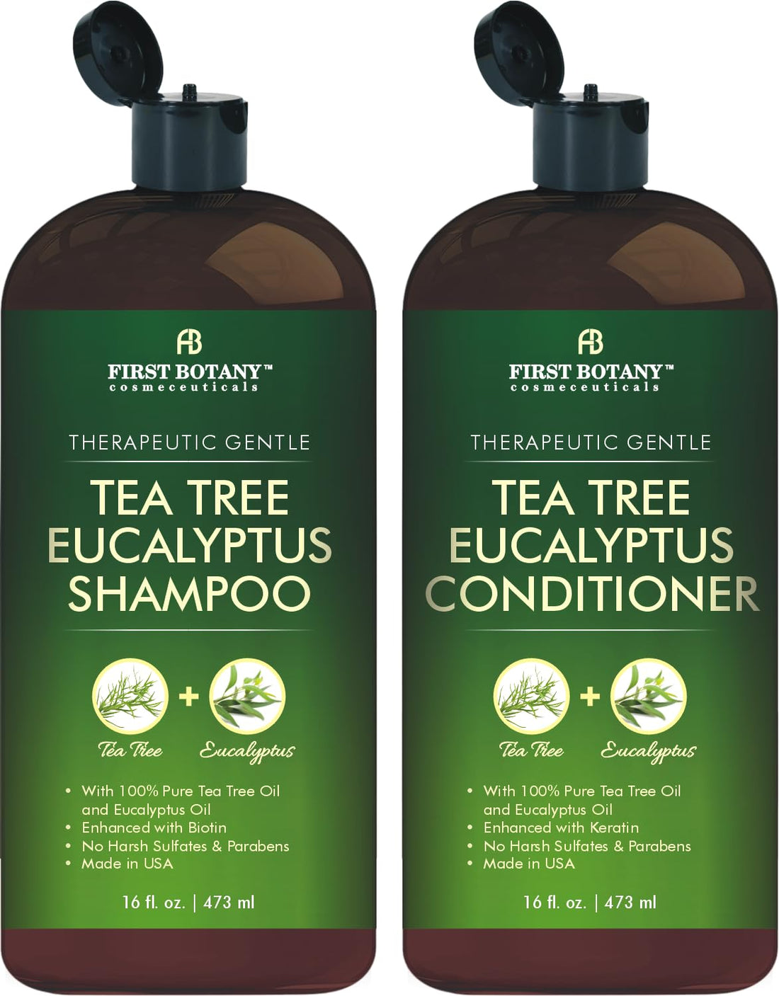 Tea Tree & Eucalyptus Shampoo and Conditioner Set – Clarifying & Scalp Care Formula with Activated Charcoal, Biotin & Keratin – Sulfate-Free, Made in USA - 16 fl oz x 2