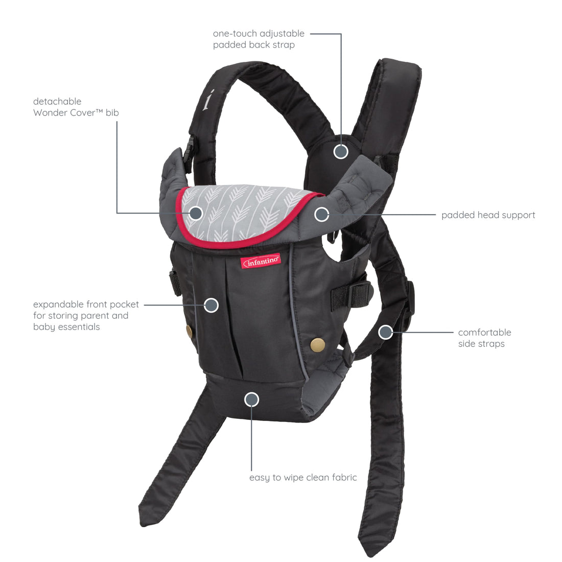 Infantino Swift Classic Carrier with Pocket, 2-Ways to Carry Carrier with Wonder Bib & Essentials Storage Front Pocket for Babies 8-25lb, Adjustable Strap, Black