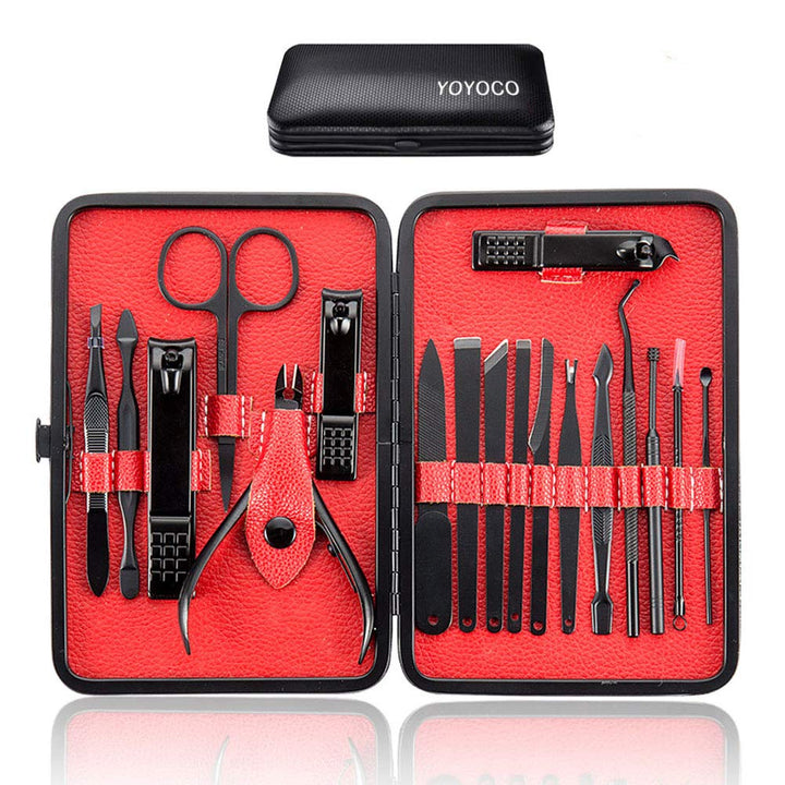 Nail Clippers Sets Manicure Set YOYOCO18 in 1 Grooming Kit Stainless Steel Professional Pedicure Set,Nail Scissors,Ear Pick,Nail Cutter,Nose Hair Scissors,Tweezers,Eyebrow Razor(Black/Red)