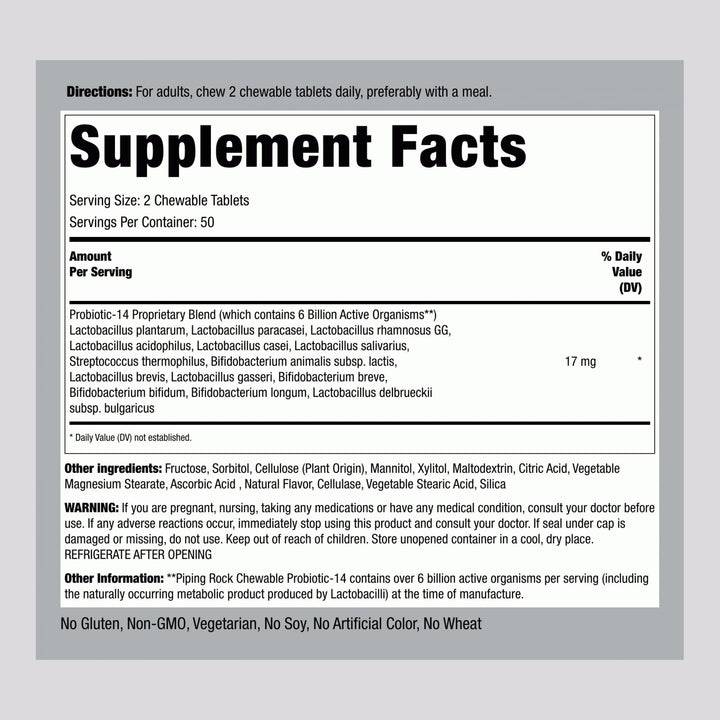 Piping Rock Probiotic Tablets for Women and Men | 17mg | 100 Chewable Pills | 14 Strains with 6 Billion CFU | Complex Supplement | Berry Flavor | Vegetarian, Non-GMO, Gluten Free