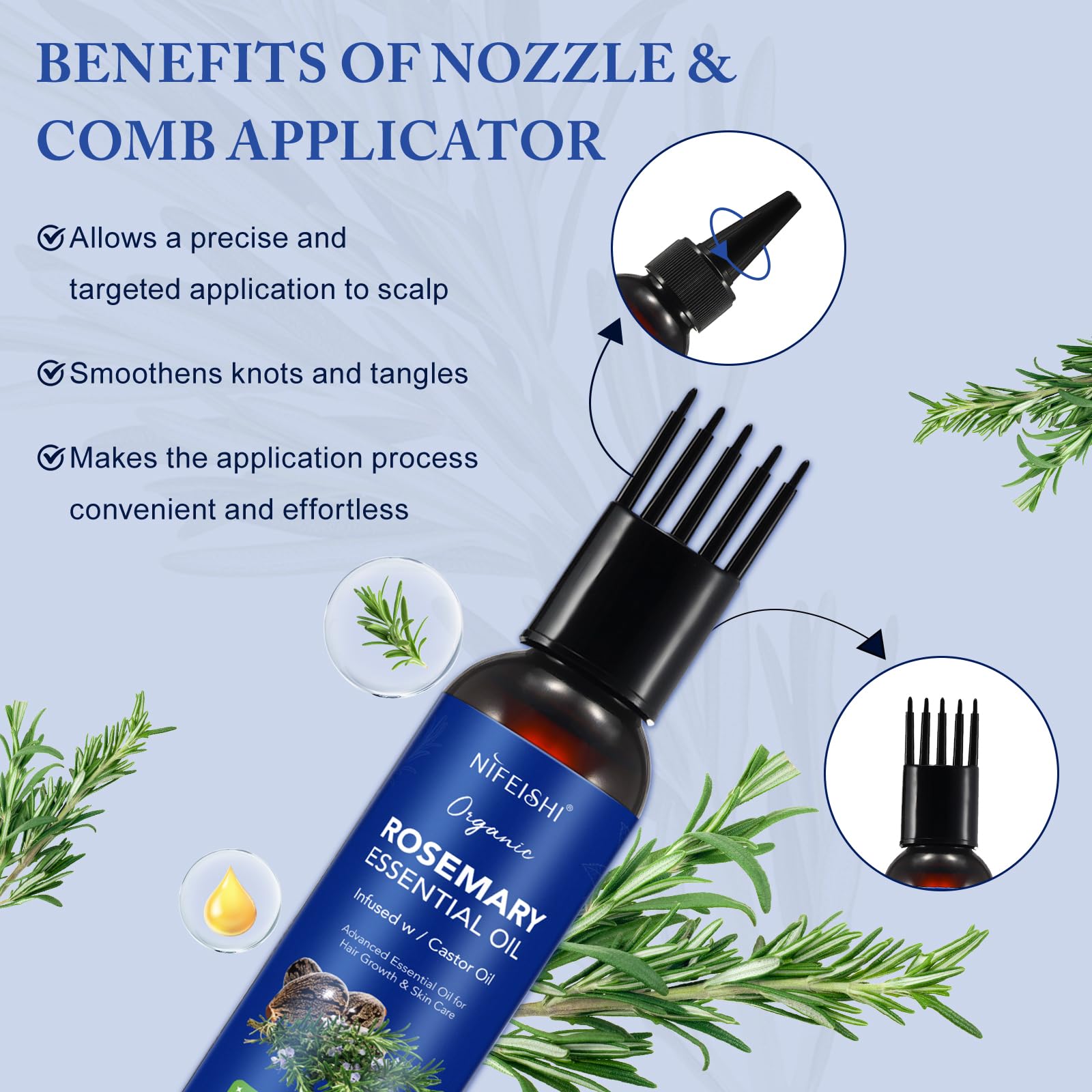 Rosemary Essential Oil for Hair Growth, Scalp Massage and Body - 120ml Pure Organic Infusion with Castor Oil, Improves Blood Circulation, Reduces Hair Loss