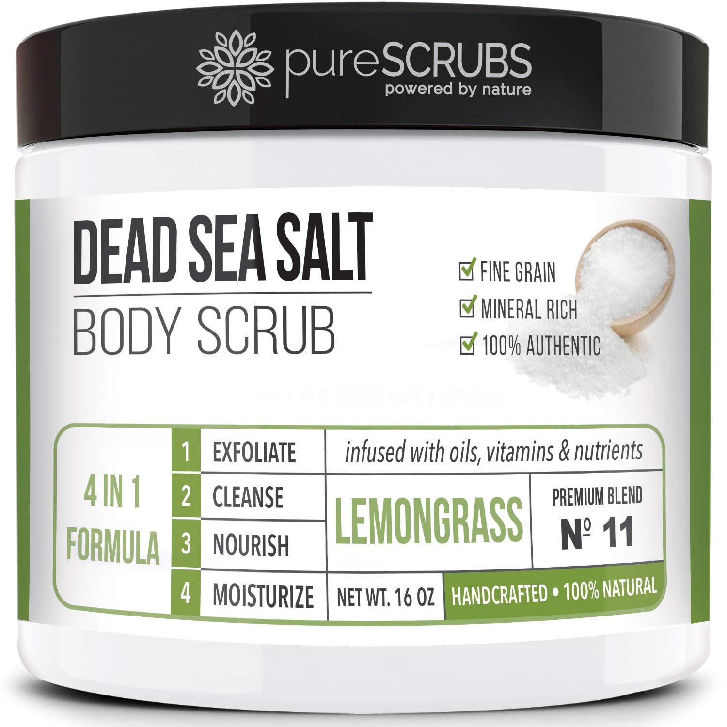 pureSCRUBS Premium Lemongrass Dead Sea Salt Body Exfoliator Scrub, Full Exfoliating Body Scrubber - Large 16oz Jar, Filled With Essential Oils, Includes Spoon, Loofah & Exfoliating Skin Soap