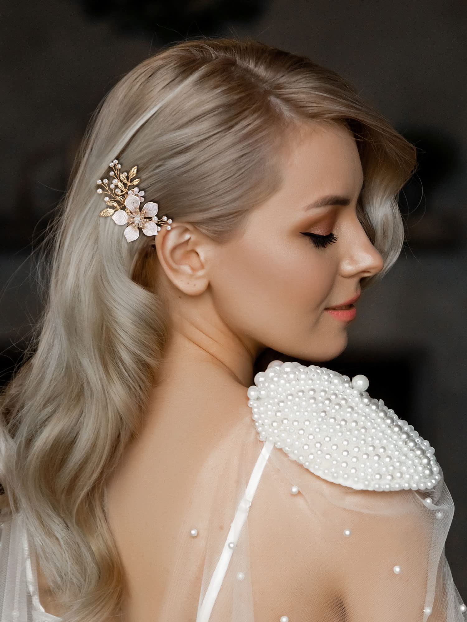 SWEETV Gold Bridal Hair Clip,Floral Bridal Hair Comb Barrette Flower Hair pieces for Brides Wedding