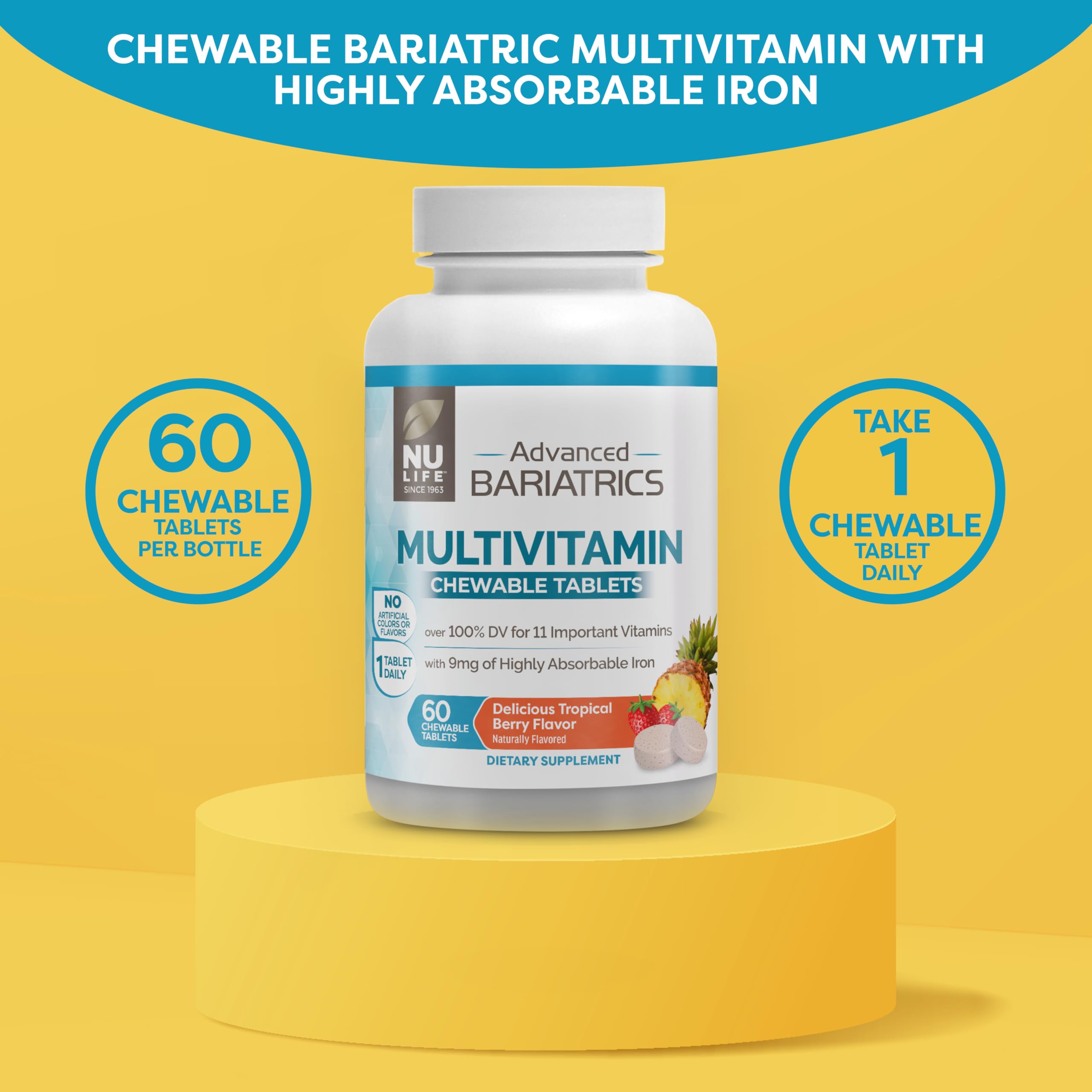 NU LIFE Advanced Bariatrics Multivitamin Chewable Tablets, Bariatric Mulivitamin with Iron - Tropical Berry (60 Chewable Tablets) (Packaging May Vary)