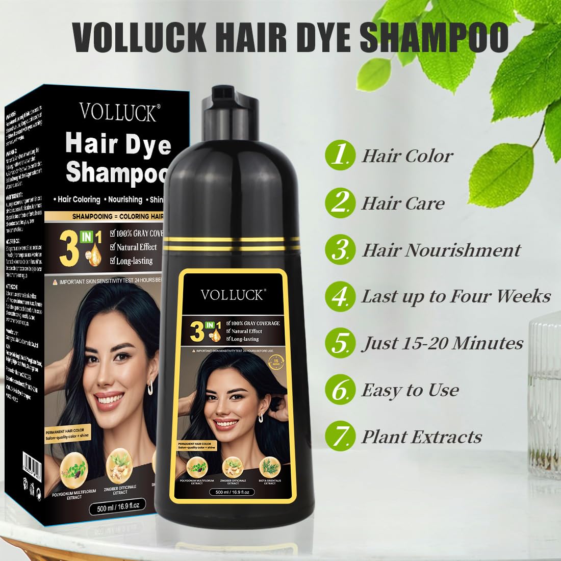 VOLLUCK Hair Dye Shampoo, Hair Dye Shampoo 3 in 1 Long Lasting Gray Hair Coverage for Women & Men (Chestnut Brown)