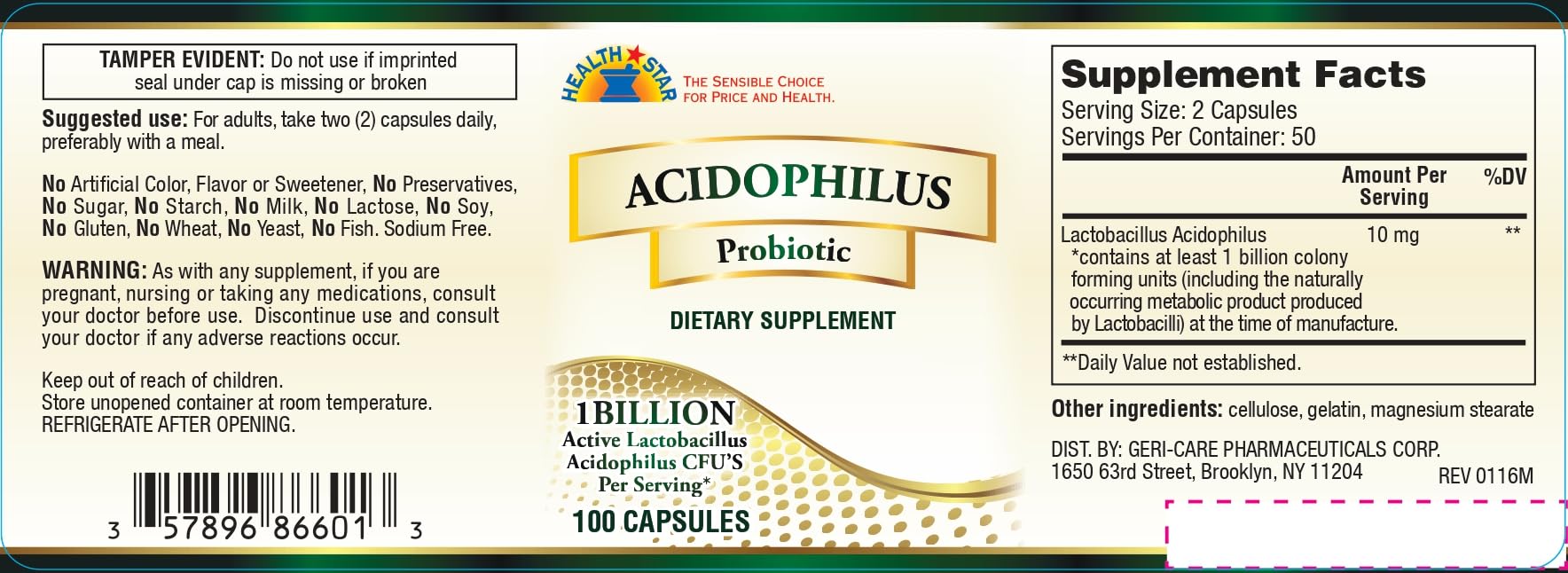 GeriCare Acidophilus 10mg Probiotic Capsules, Supports Digestive Gut Flora Balance, Immune Boost Dietary Supplement, (100 Count, Pack of 1)