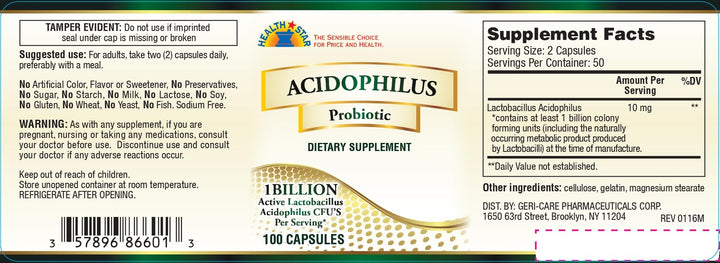GeriCare Acidophilus 10mg Probiotic Capsules, Supports Digestive Gut Flora Balance, Immune Boost Dietary Supplement, (100 Count, Pack of 1)