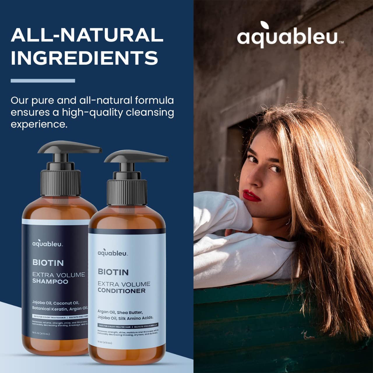 Aquableu Biotin Volumizing Shampoo & Conditioner Set – Natural Thickening & Volume For Thicker Fuller Hair - Promotes Healthy Hair Growth - Includes Coconut, Keratin, Argan & Jojoba Oil – Sulfate Free
