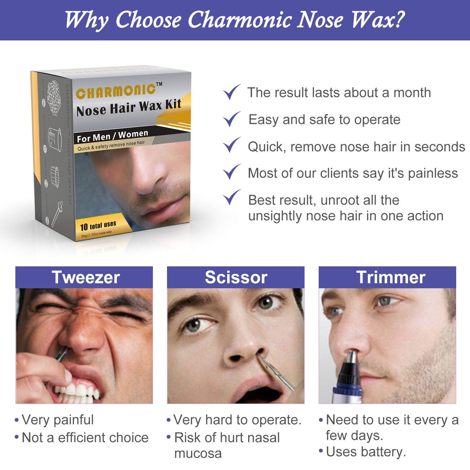 Nose Wax Kit for Men and Women, Nose Hair Removal Wax for Charmonic (50 grams / 10 times usage count)