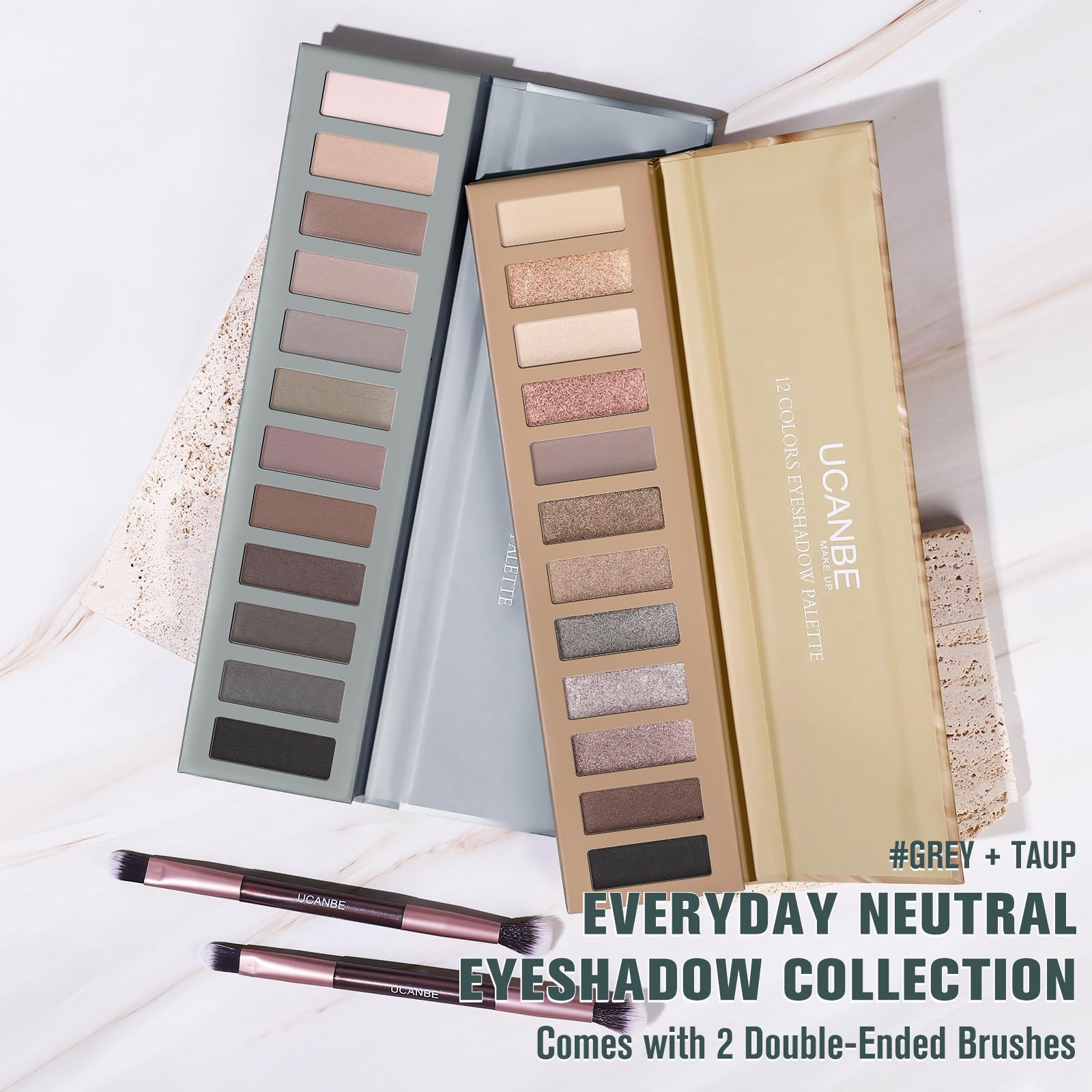 UCANBE 2 PCS Eyeshadow Makeup Palette Kit, 12 Color Naked Nude Eye Shadow Set, Neutral Matte Shimmer Make Up Pallet With Double-Ended Brush, Highly Pigmented Long Lasting Waterproof