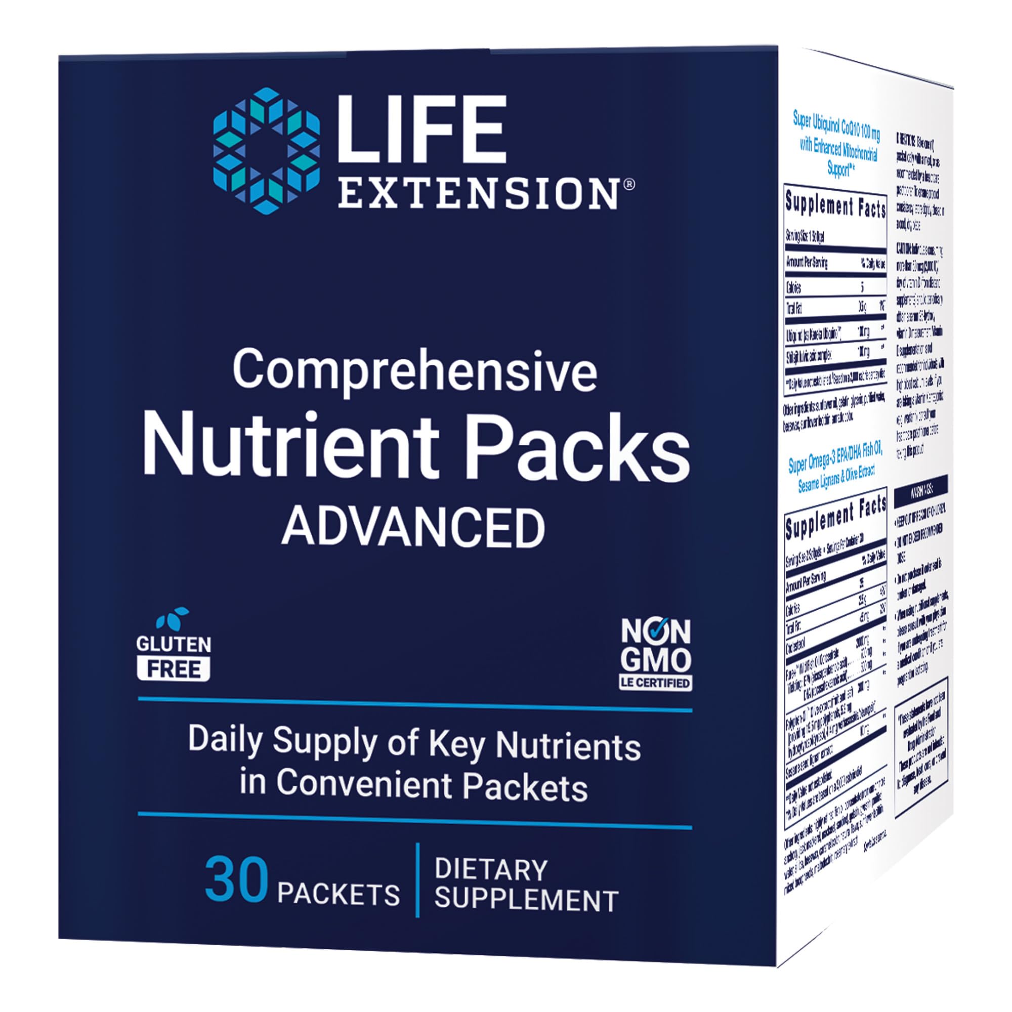 Life Extension Comprehensive Nutrient Packs Advanced, Curcumin, Fish Oil, multivitamin, CoQ10, multis and Supplements, 30 on-The-go Packets, Gluten-Free, Non-GMO