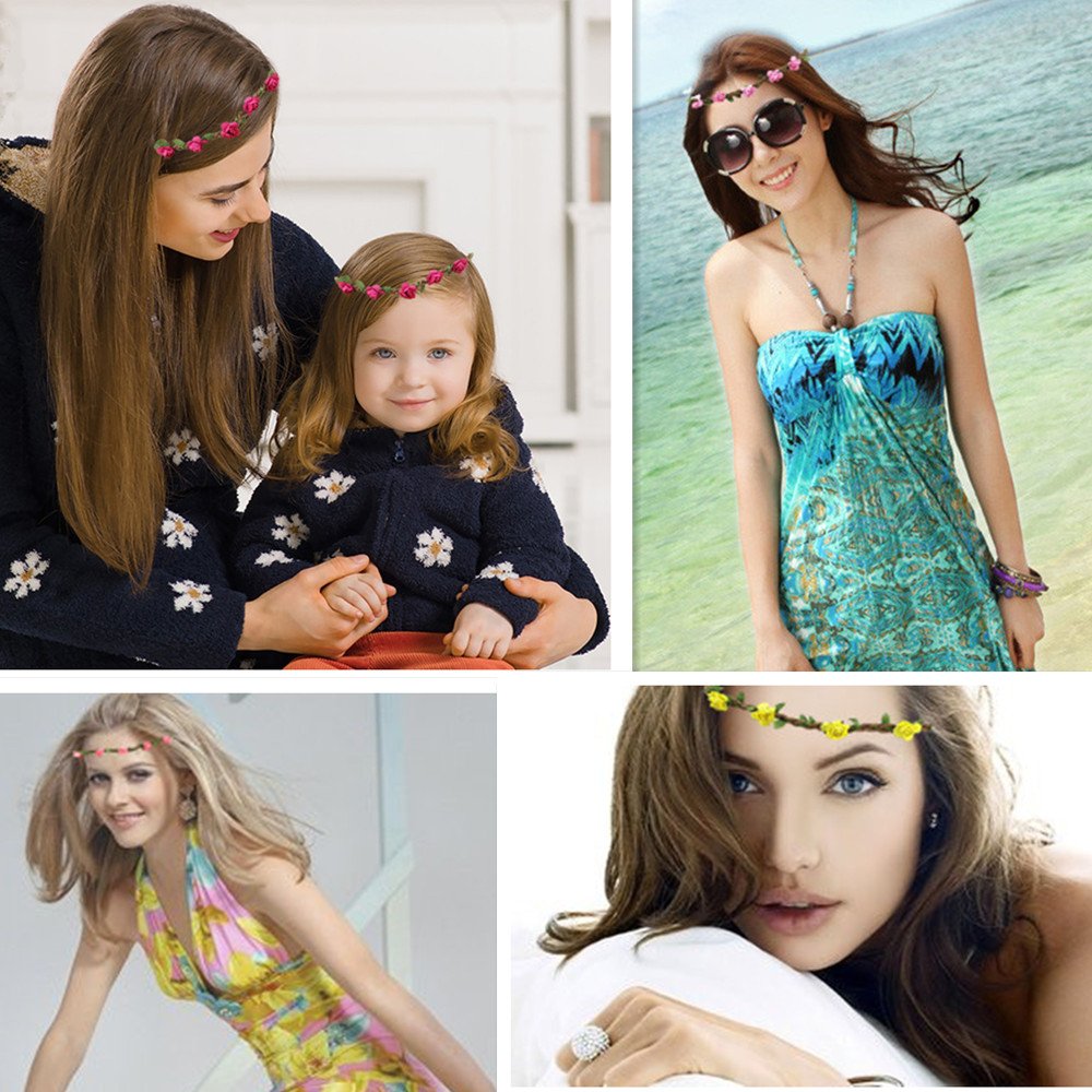 HOPEANT 18 Pieces Multicolor Flower Headband Women Girl Bohemian Flower Crown Garland Headbands with Elastic Ribbon