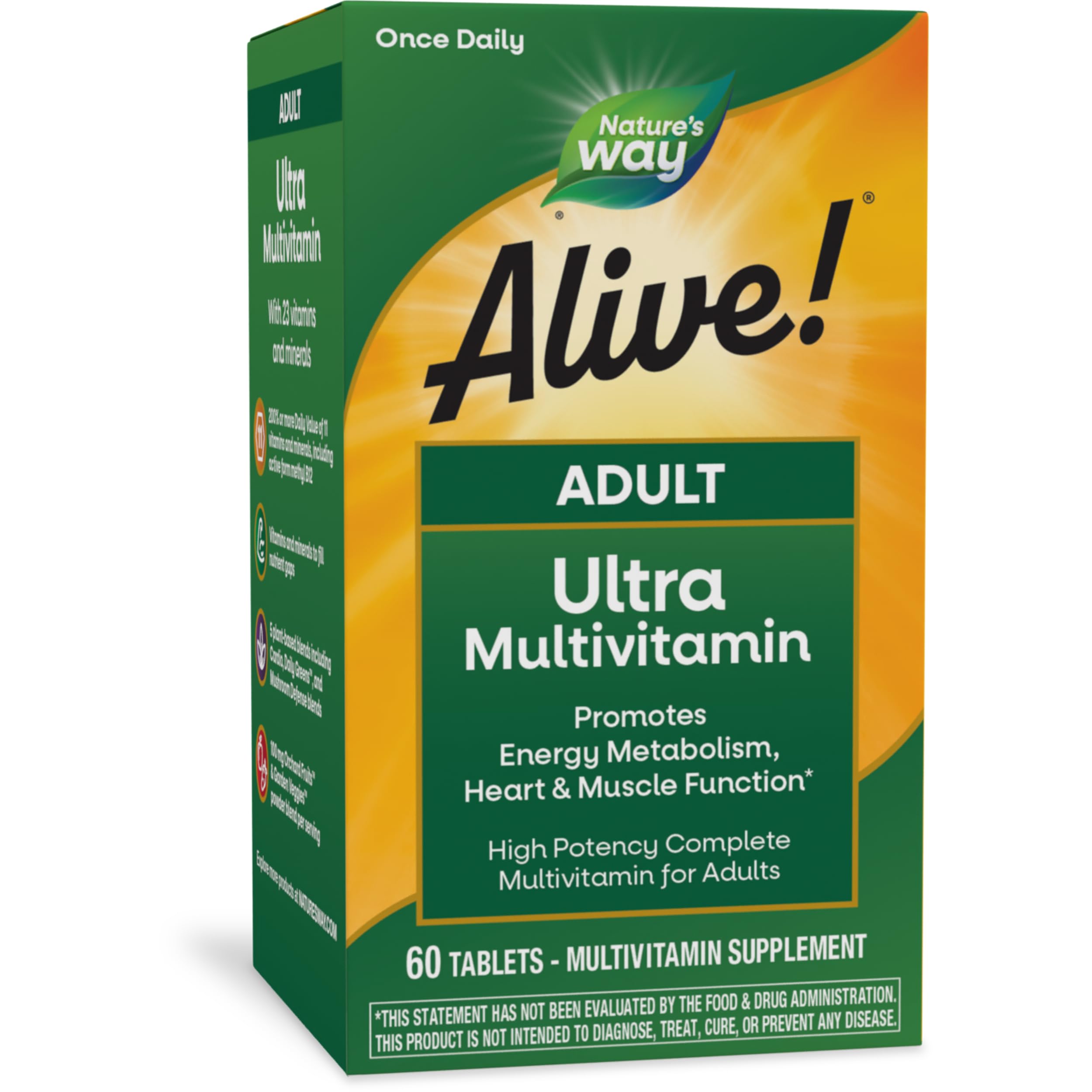 Nature's Way Alive! Adult Ultra Multivitamin, Promotes Energy Metabolism, Heart & Muscle Function*, with B-Vitamins Including Methylated B12, Gluten Free, 60 Tablets (Packaging May Vary)