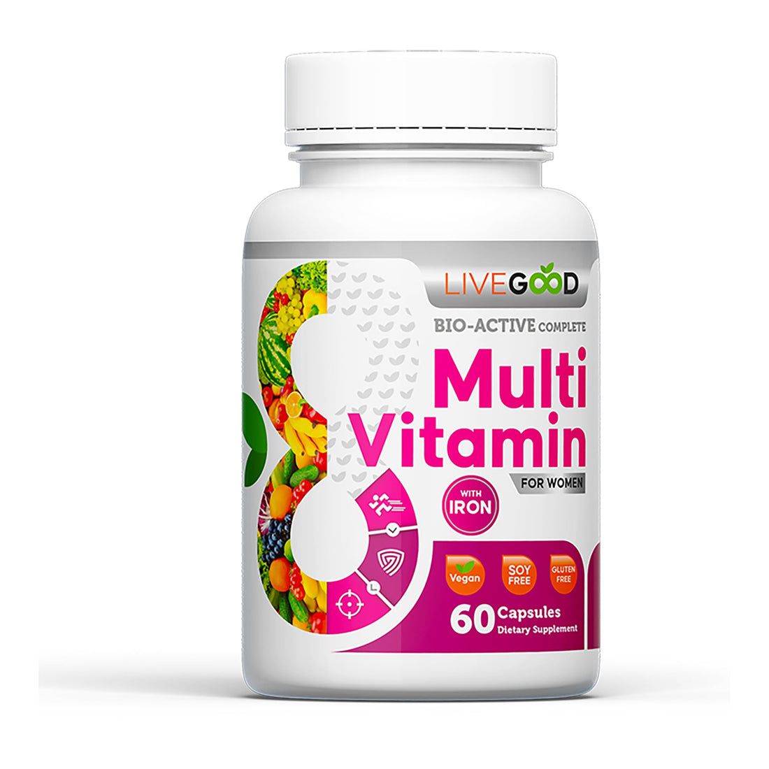 LIVEGOOD™ Women's Bio-Active Complete Multivitamin with Iron, Vitamin A, B12, C, E, Lycopene, Vegan, 60 Capsules