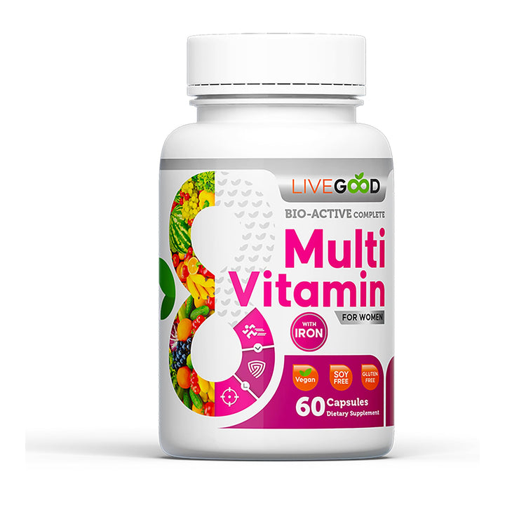 LIVEGOOD™ Women's Bio-Active Complete Multivitamin with Iron, Vitamin A, B12, C, E, Lycopene, Vegan, 60 Capsules