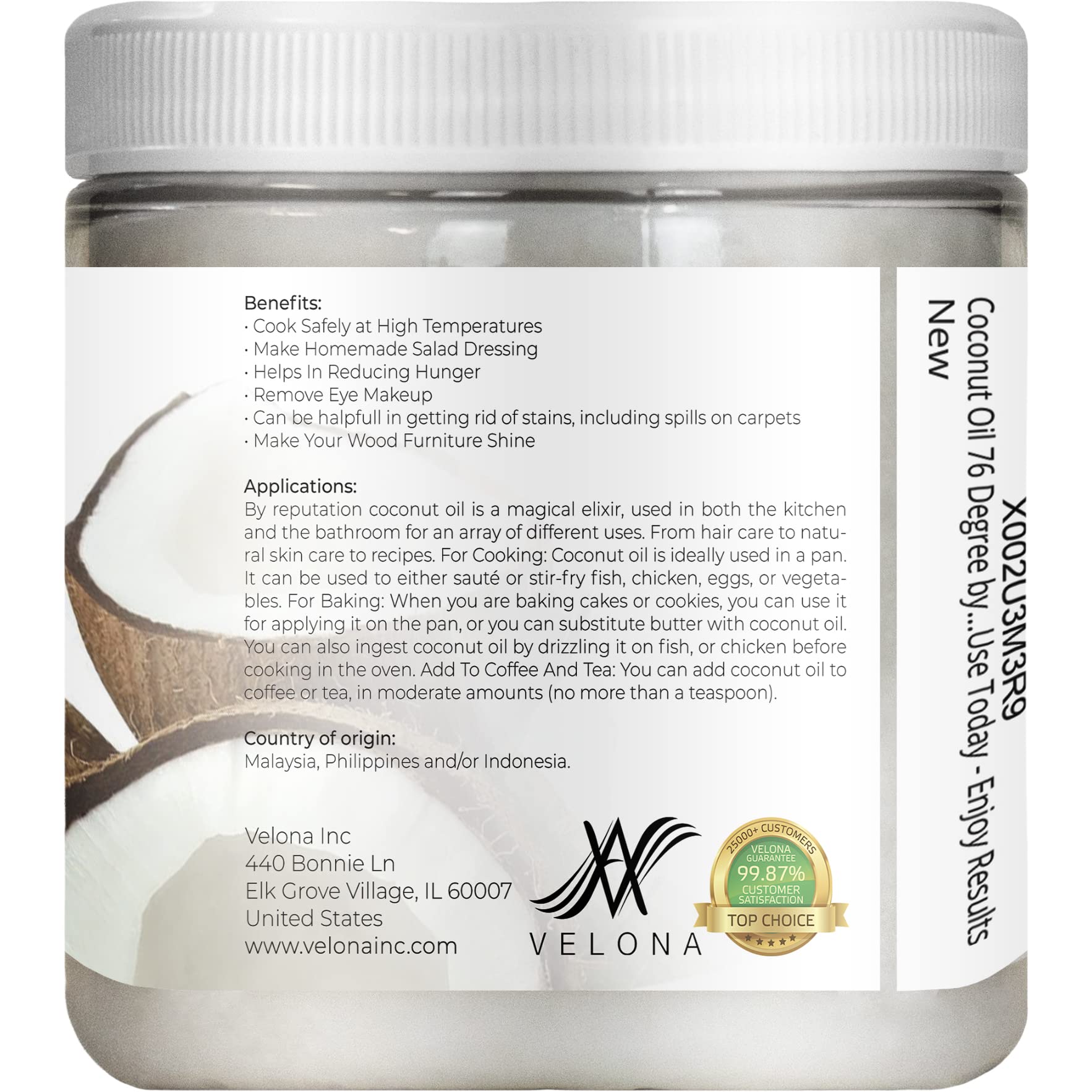 velona Coconut Oil 76 Degree 8 fl oz | 100% Pure and Natural Carrier Oil | in jar | Refined, Cold pressed | Skin, Face, Body, Hair Care | Use Today - Enjoy Results