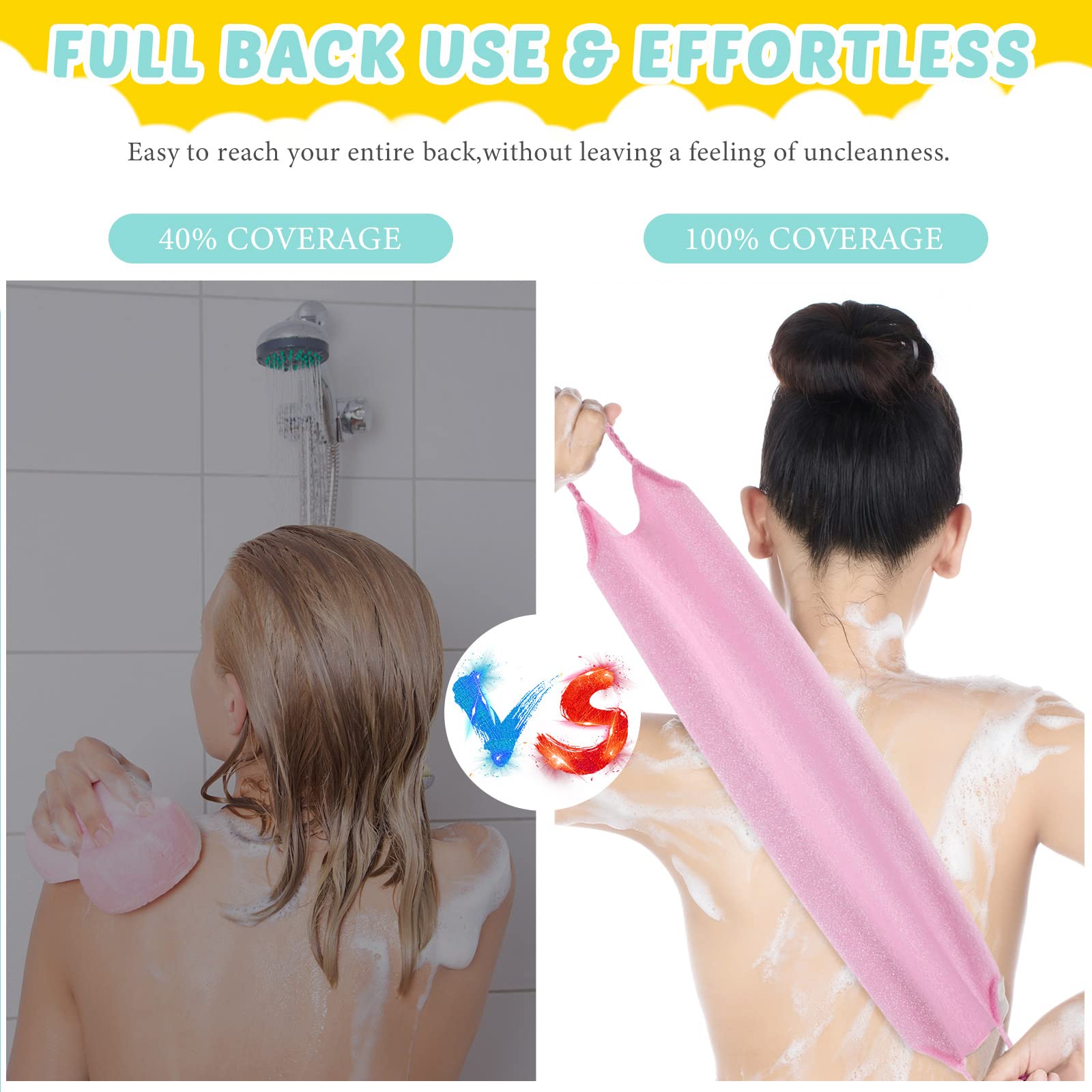 3 Pack Exfoliating Back Scrubber with Handles Exfoliating Washcloth Nylon Extended Length Body Exfoliator Brush Stretchable Pull Strap Back Washer for Shower Long Bath (Pink, Blue, Yellow)