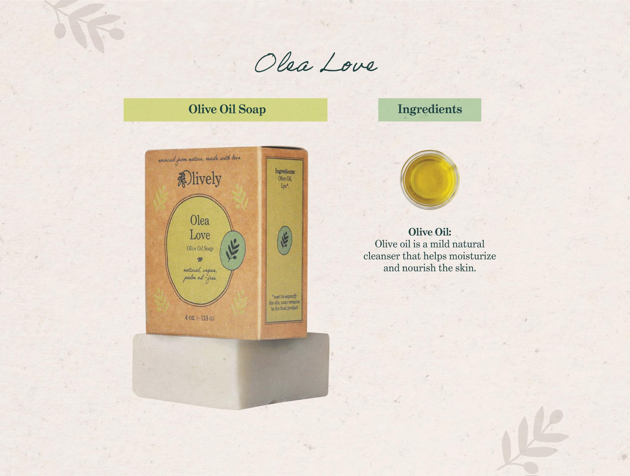 Olively Olea Love - All Natural Soap Bar - Soap Bar handmade with Pure Olive Oil - Bar Soaps made with 100% natural ingredients - Body and Bath Soap - Vegan, non-toxic, chemical free