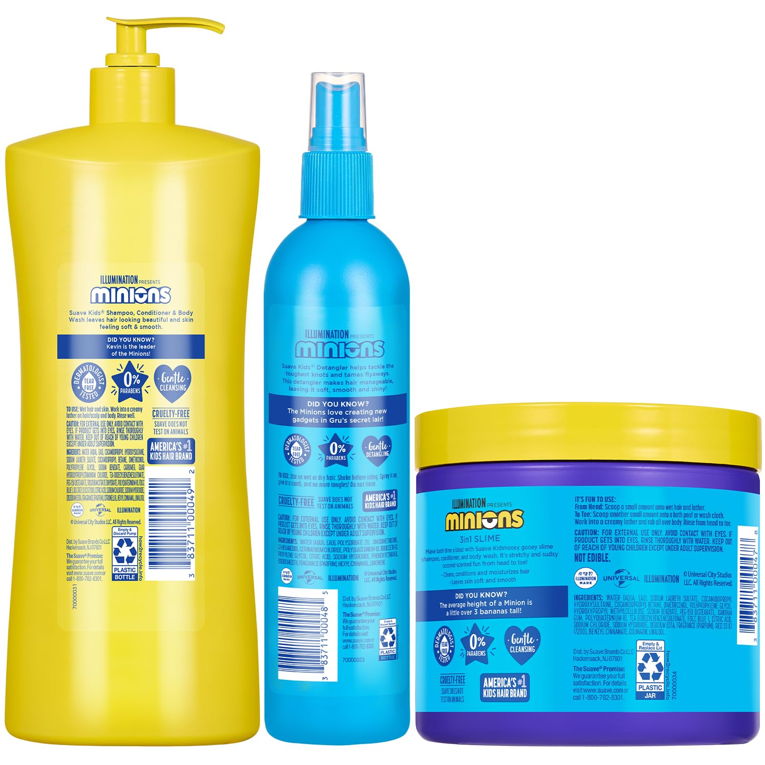 Suave Kids Minions Hair Products Bundle –3-in-1 Coco-Craze Slime & Fun Fresh Shampoo, Conditioner & Body Wash + Detangler Spray, 28 Oz Ea (3 Piece Set)