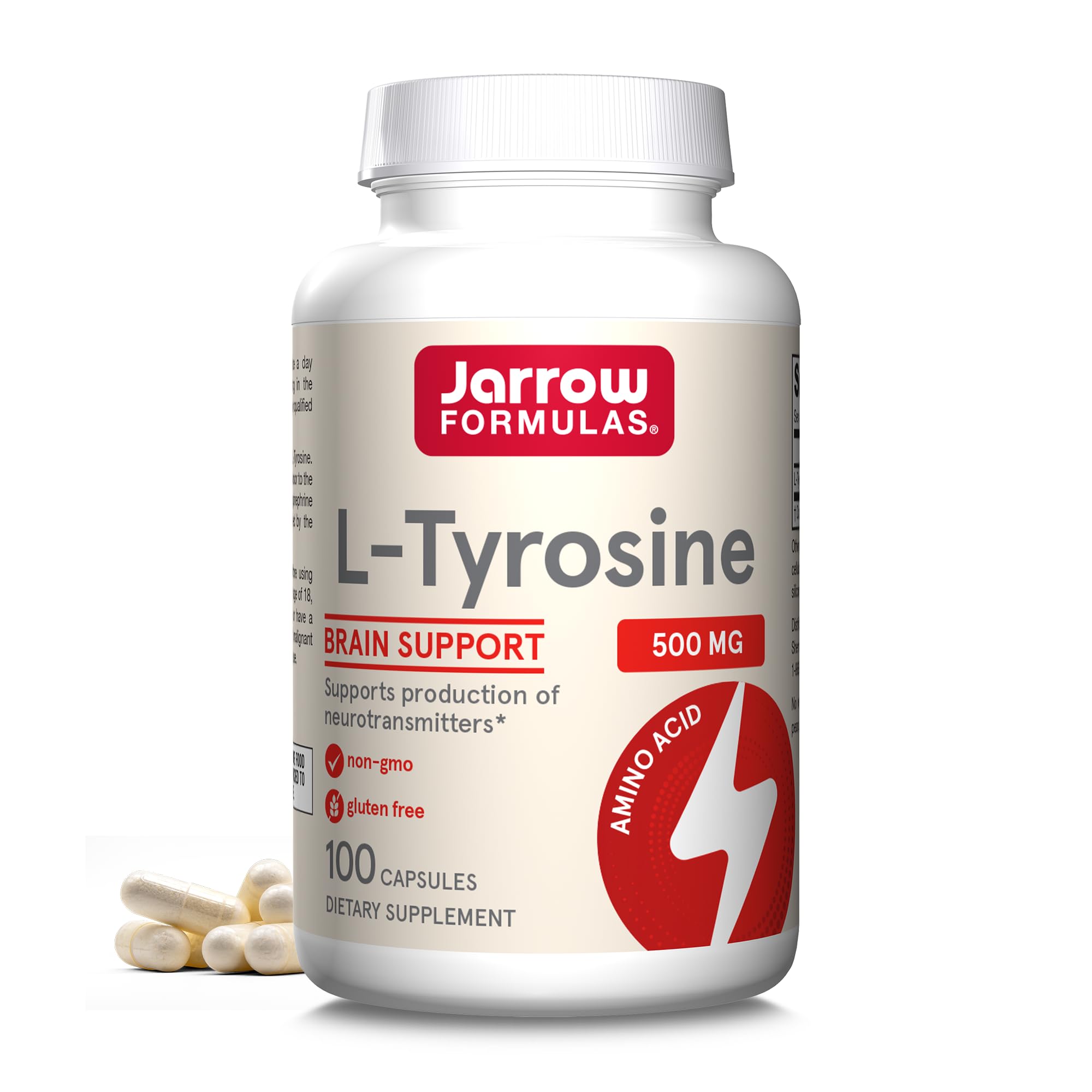 Jarrow Formulas L-Tyrosine 500 mg, Dietary Supplement, Amino Acid Supplement for Brain Health Support, 100 Capsules, 100 Day Supply