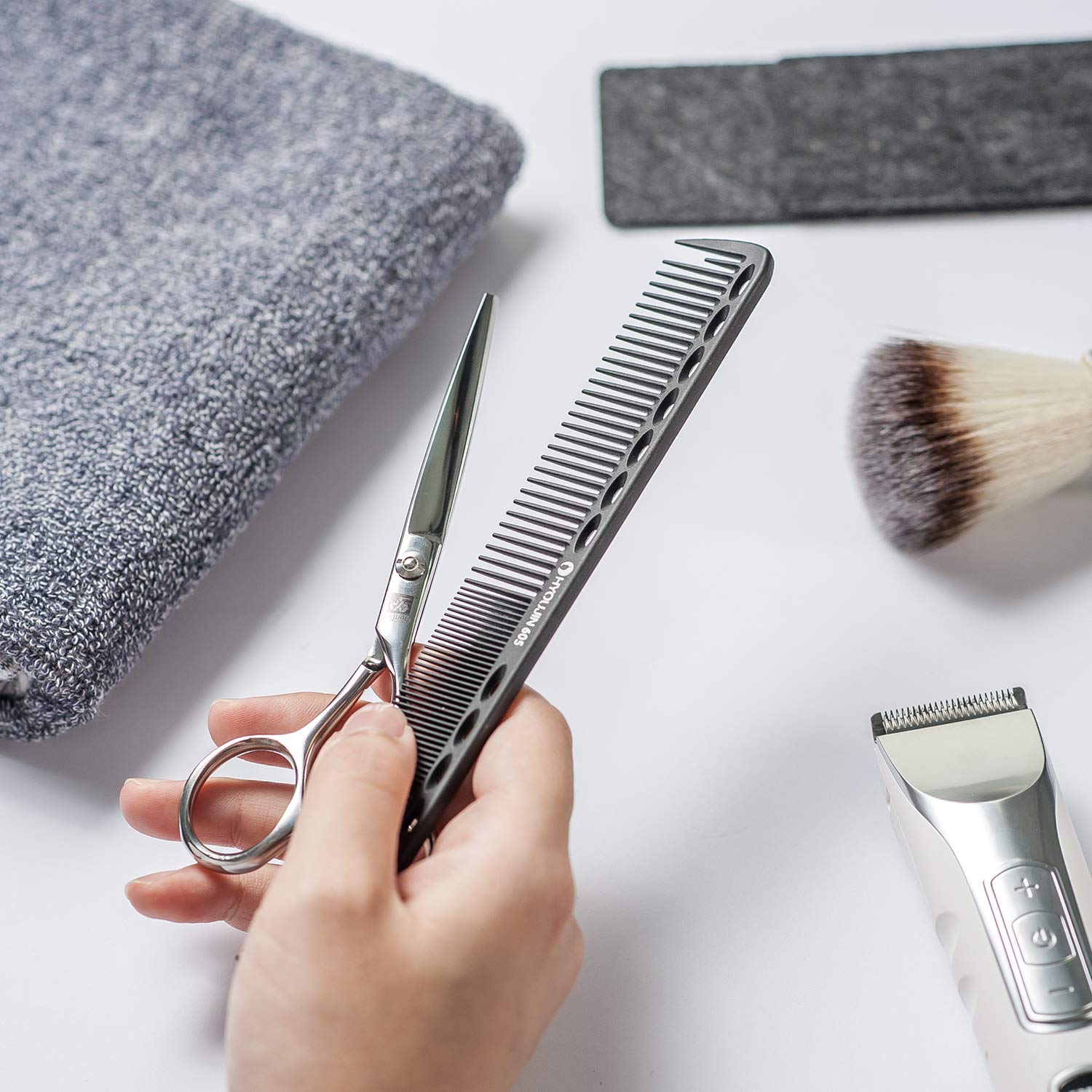 HYOUJIN 605 Black Carbon Fine Cutting Comb 230 Heat Resistant Hairdressing Comb Master Barber Comb with fine tooth-14 holes for cutting and hairstyling