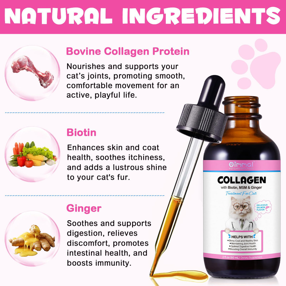 2Pack Liquid Collagen for Cats, Collagen for Cats 2 fl.oz, Skin and Coat Supplement for Cats, Itch Relief for Cats with Allergies, with Bovine Collagen, Biotin, MSM, Ginger, Collagen for Cats Drops