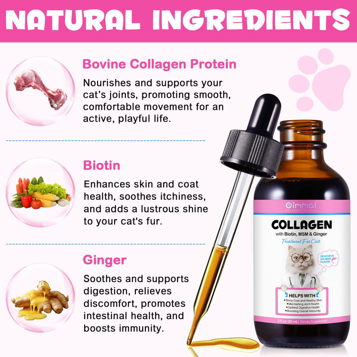 2Pack Liquid Collagen for Cats, Collagen for Cats 2 fl.oz, Skin and Coat Supplement for Cats, Itch Relief for Cats with Allergies, with Bovine Collagen, Biotin, MSM, Ginger, Collagen for Cats Drops