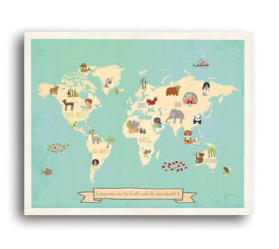 Global Compassion World Map 16x20 Inch Print, Children's Wall Art Map, Kid's Animal World Map, Nursery Décor, Nature Themed Nursery, Nursery Wall Art, Kid's Art, Kid's