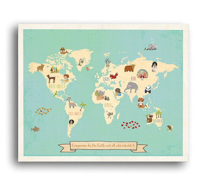 Global Compassion World Map 16x20 Inch Print, Children's Wall Art Map, Kid's Animal World Map, Nursery Décor, Nature Themed Nursery, Nursery Wall Art, Kid's Art, Kid's
