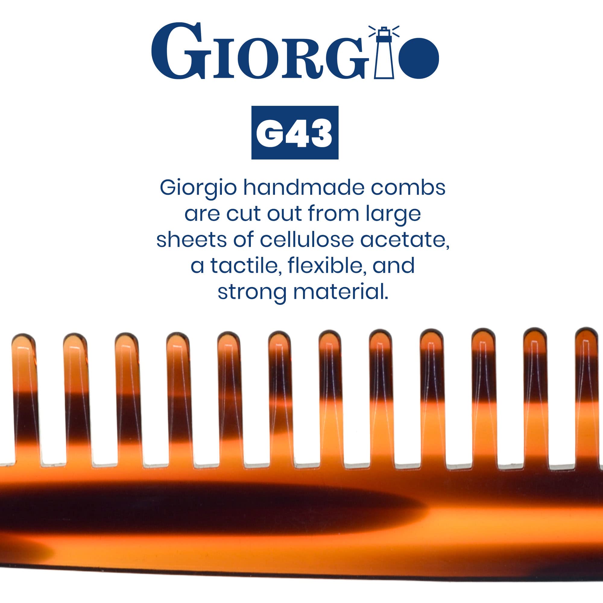 Giorgio G43 7 1/4 Hand Made Tortoise Long Detangling Comb - Wide Teeth. Hand-Made of quality Durable Cellulose, Saw-cut and Hand Polished. (2-Pack)