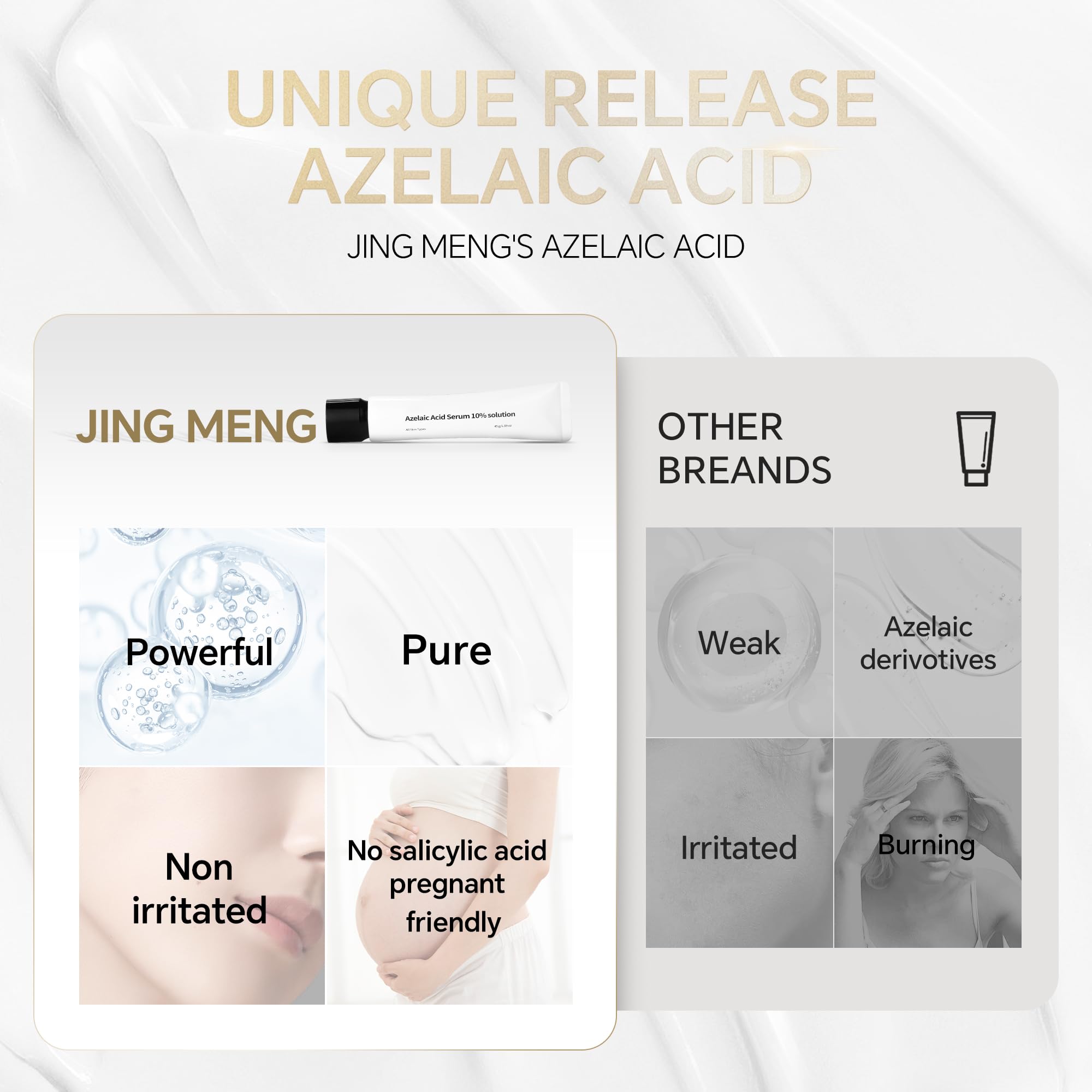 Azelaic Acid Serum Cream 10% Cystic Acne, Rosacea Treatment, Redness Relief, Hormonal Acne, Blemishes, Post-blemish Mark, Pore Refining, Sensitive Friendly Face & Back 1.59Oz