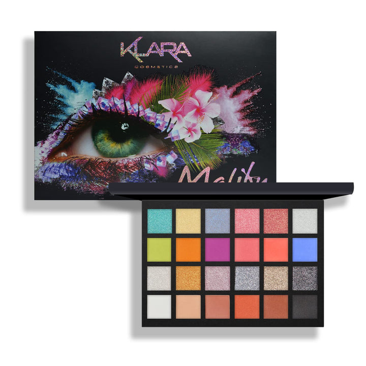 Klara Cosmetics 24 Shades Eyeshadow Palette Festive Luxury full color pigmentation long lasting vibrant, Malibu, 1 Count