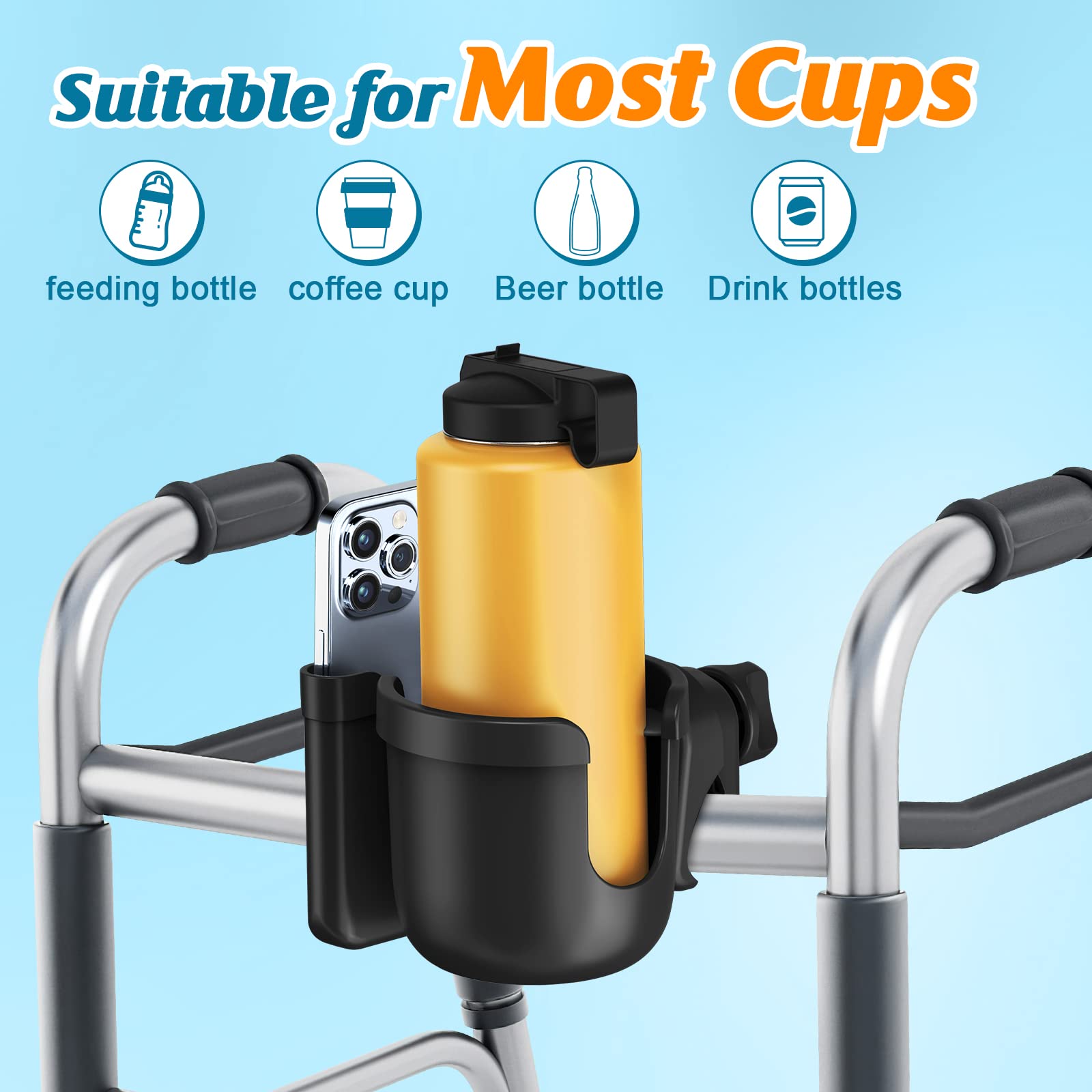 Guiseapue Cup Holder for Walker, Stroller Cup Holder Attachment with Phone Holder, Wheelchair/Stroller Accessories for Uppababy, Nuna, Doona, Rollator, Bike, Scooter, Baby Travel Essential