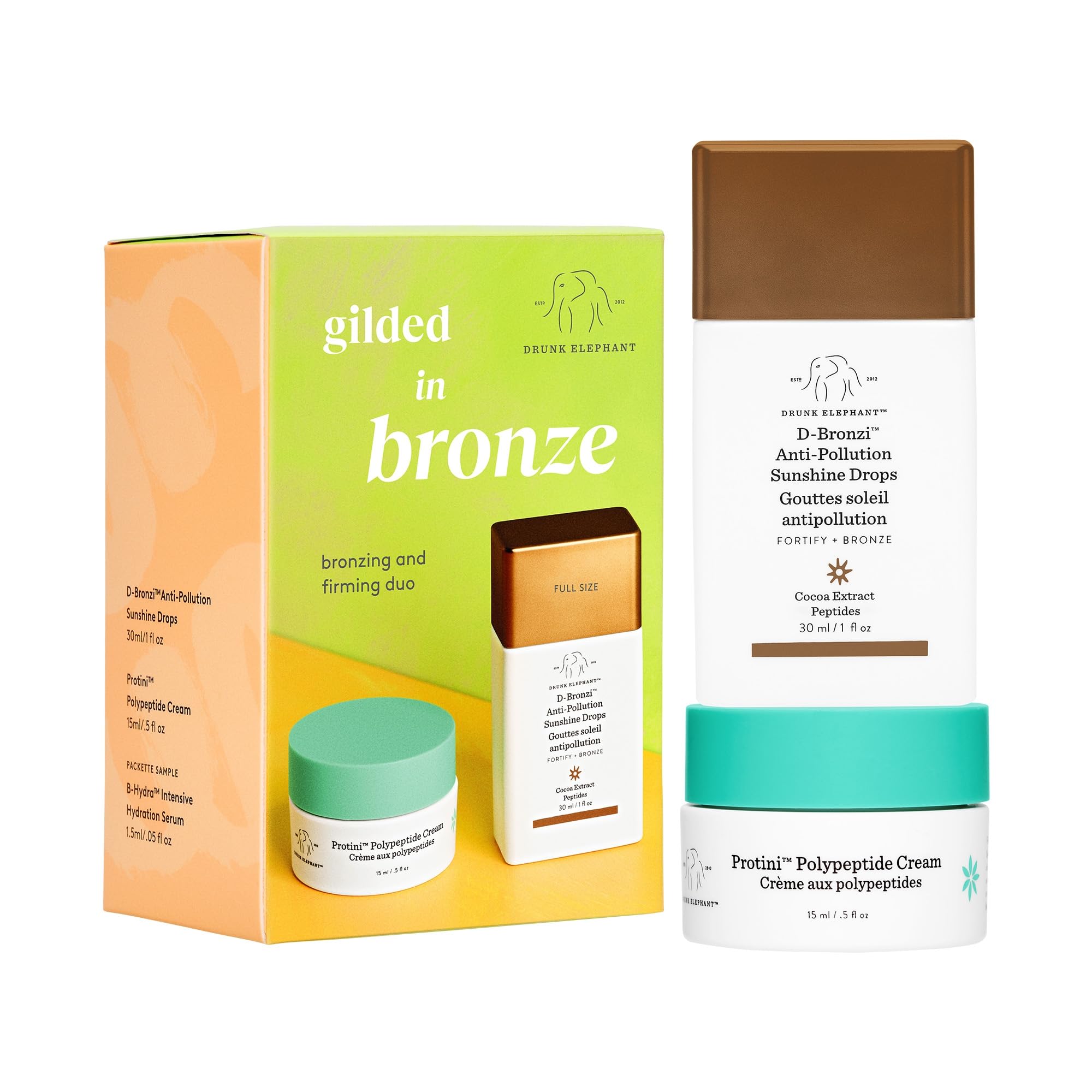 Drunk Elephant Gilded in Bronze Kit - Includes D-Bronzi Anti-Pollution Sunshine Drops (30 ml/1 fl oz) & Protini Polypeptide Cream (15 ml/0.5 fl oz) - Holiday Gift Set