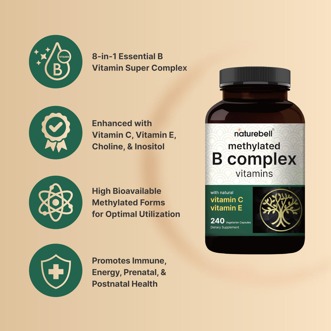 Methylated B Complex Vitamins, 240 Veggie Capsules | Multivitamin B Complex | B12, Folate, Biotin & More – with Natural Vitamin C, E, Choline & Inositol – Immune, Energy, & Prenatal Support