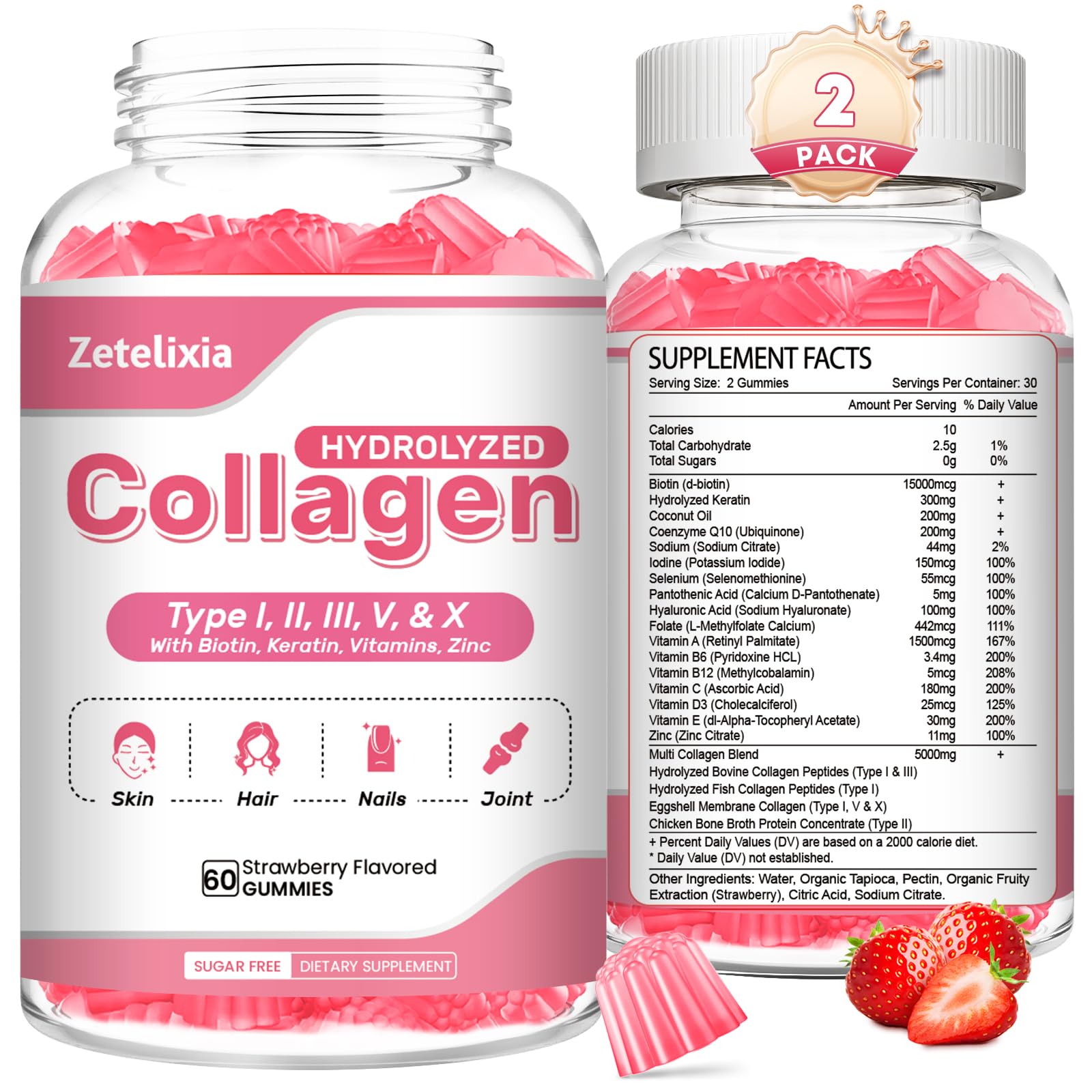 2 Pack Collagen Gummies for Women Men, Hydrolyzed Collagen Peptide Type I,II,III,V,X with Biotin, Vitamin C A B D E for Skin Hair Nails J0ints, Immunity Energy Digestion, Sugar Free, 120 Count