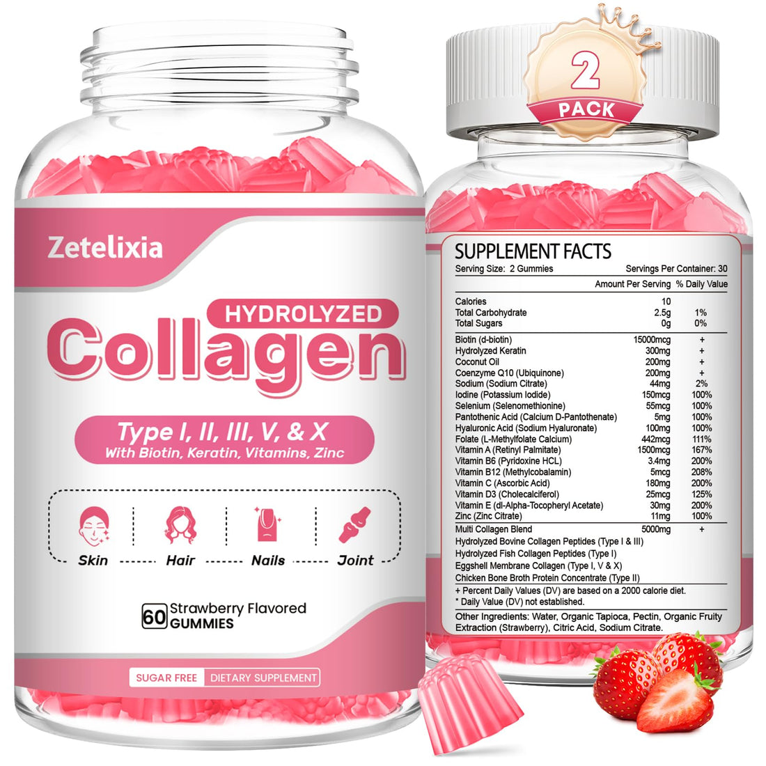 2 Pack Collagen Gummies for Women Men, Hydrolyzed Collagen Peptide Type I,II,III,V,X with Biotin, Vitamin C A B D E for Skin Hair Nails J0ints, Immunity Energy Digestion, Sugar Free, 120 Count