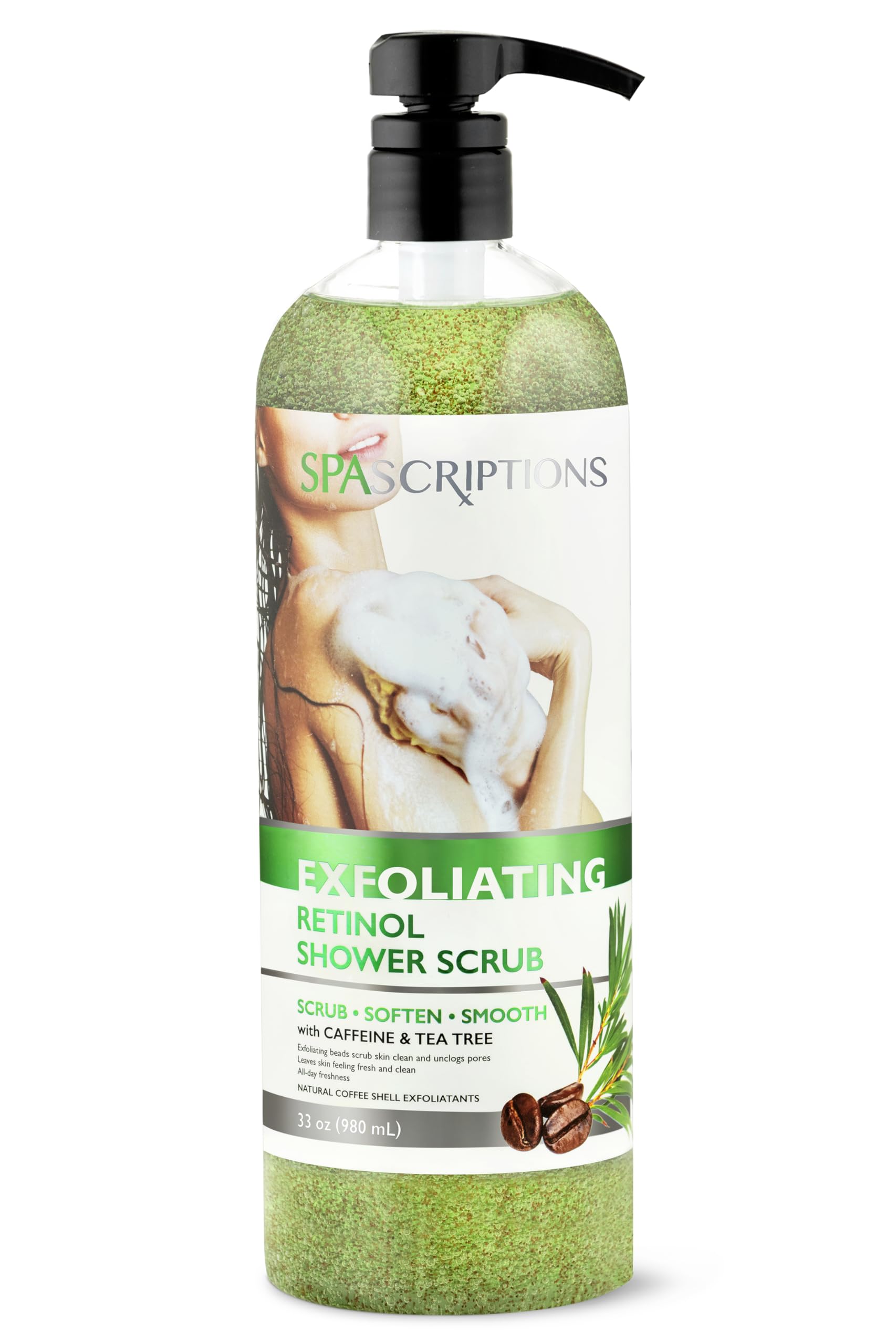 Spascriptions Exfoliating Retinol Shower Scrub with Caffeine & Tea Tree (33 fl oz), Refreshing Body Scrub Exfoliates and Brightens Skin, Nourishing Body Care for Women and Men, Cruelty Free