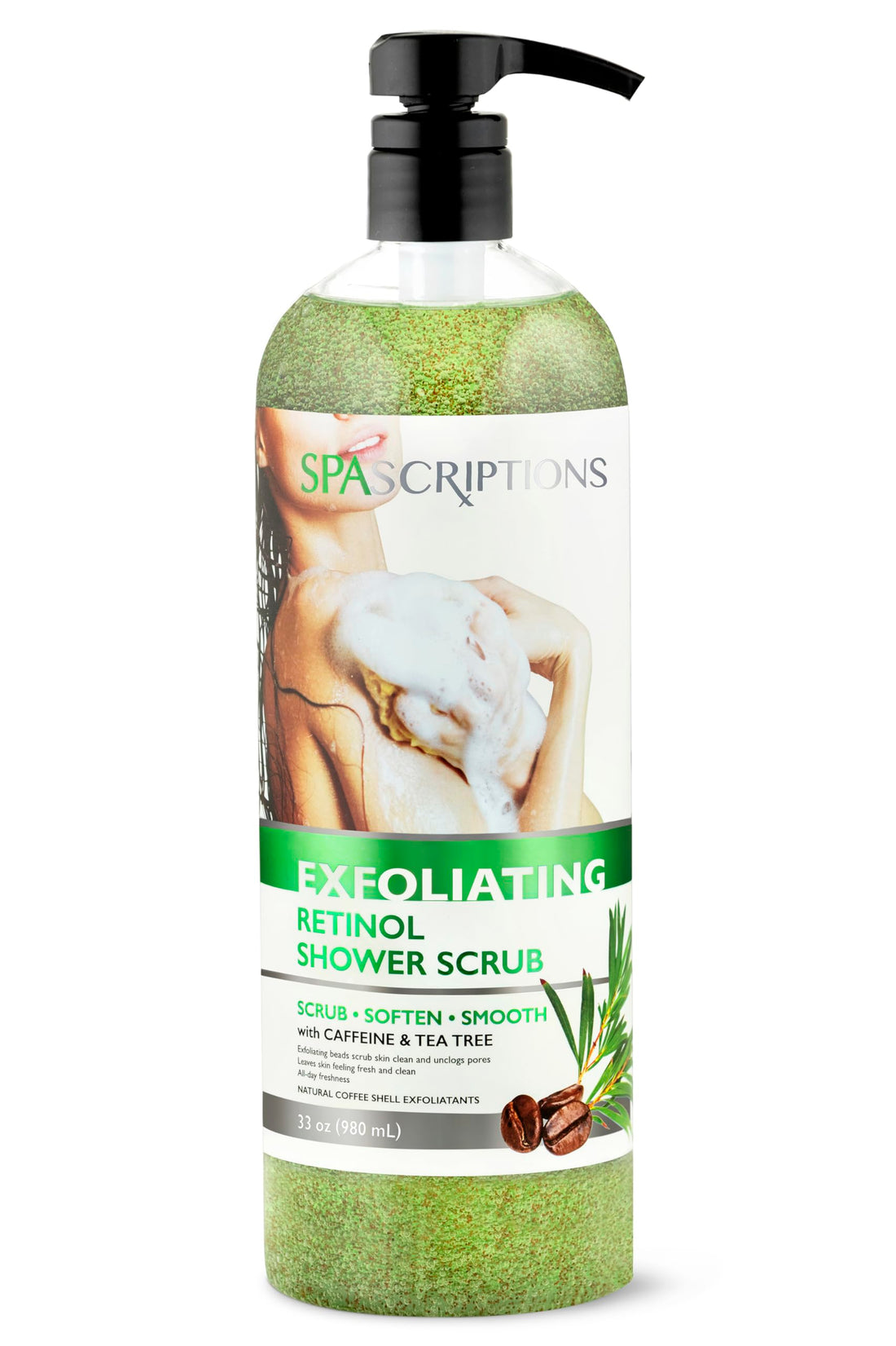 Spascriptions Exfoliating Retinol Shower Scrub with Caffeine & Tea Tree (33 fl oz), Refreshing Body Scrub Exfoliates and Brightens Skin, Nourishing Body Care for Women and Men, Cruelty Free