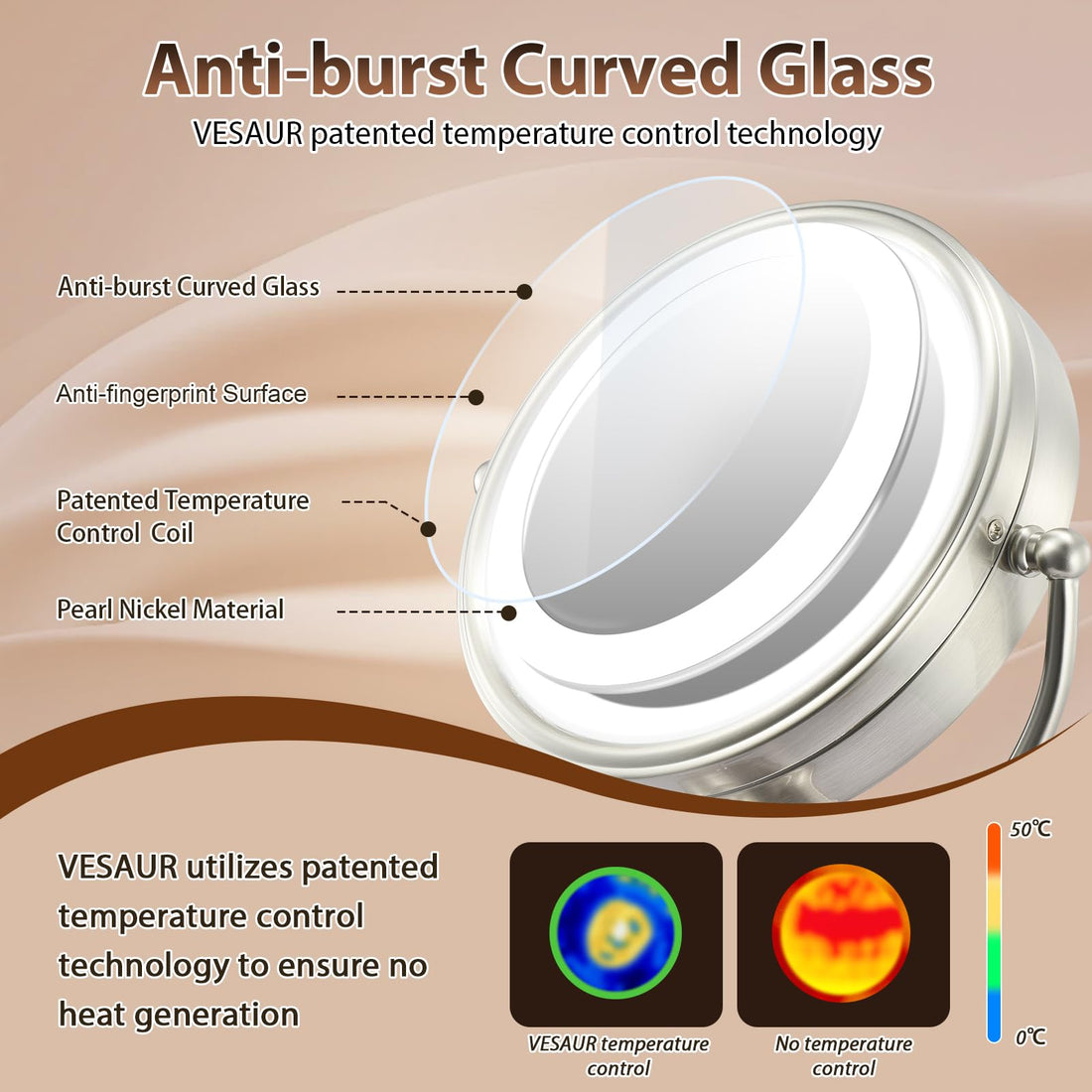 Professional 8.5 Large Lighted Makeup Mirror with Brighter Lights, 1X/10X True HD Magnifying Mirror with 3 Color Dimmable Lights, 90 Shadowless LEDs, 360°Swivel Seamless Vanity Mirror, Pearl Nickel