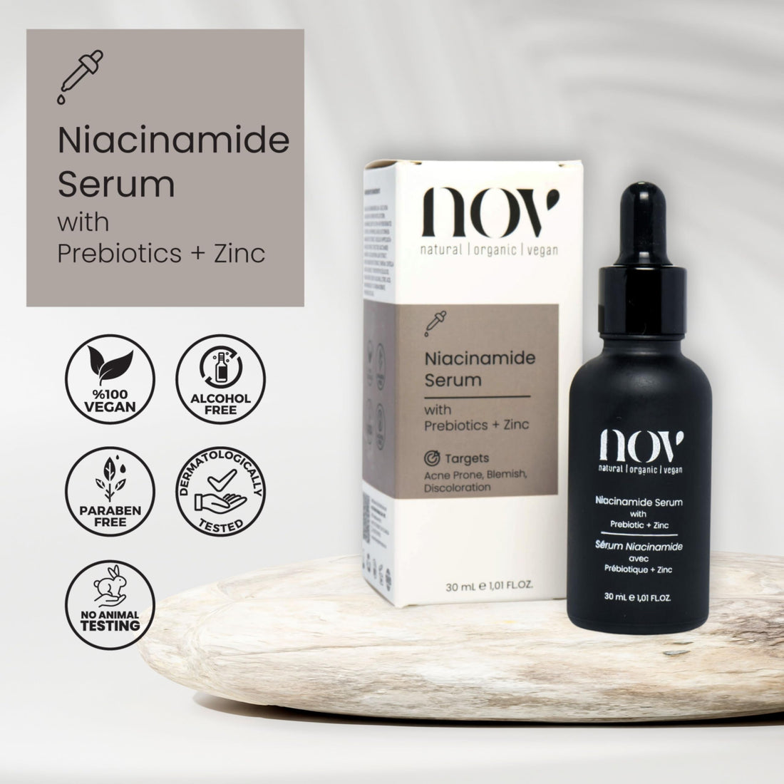 NOV Natural Organic Vegan Niacinamide Serum- with Prebiotic, Zinc | Reduces the Look of Dark Spots, Discoloration, and Uneven Skin Tone | Fragrance-Free & Paraben-Free