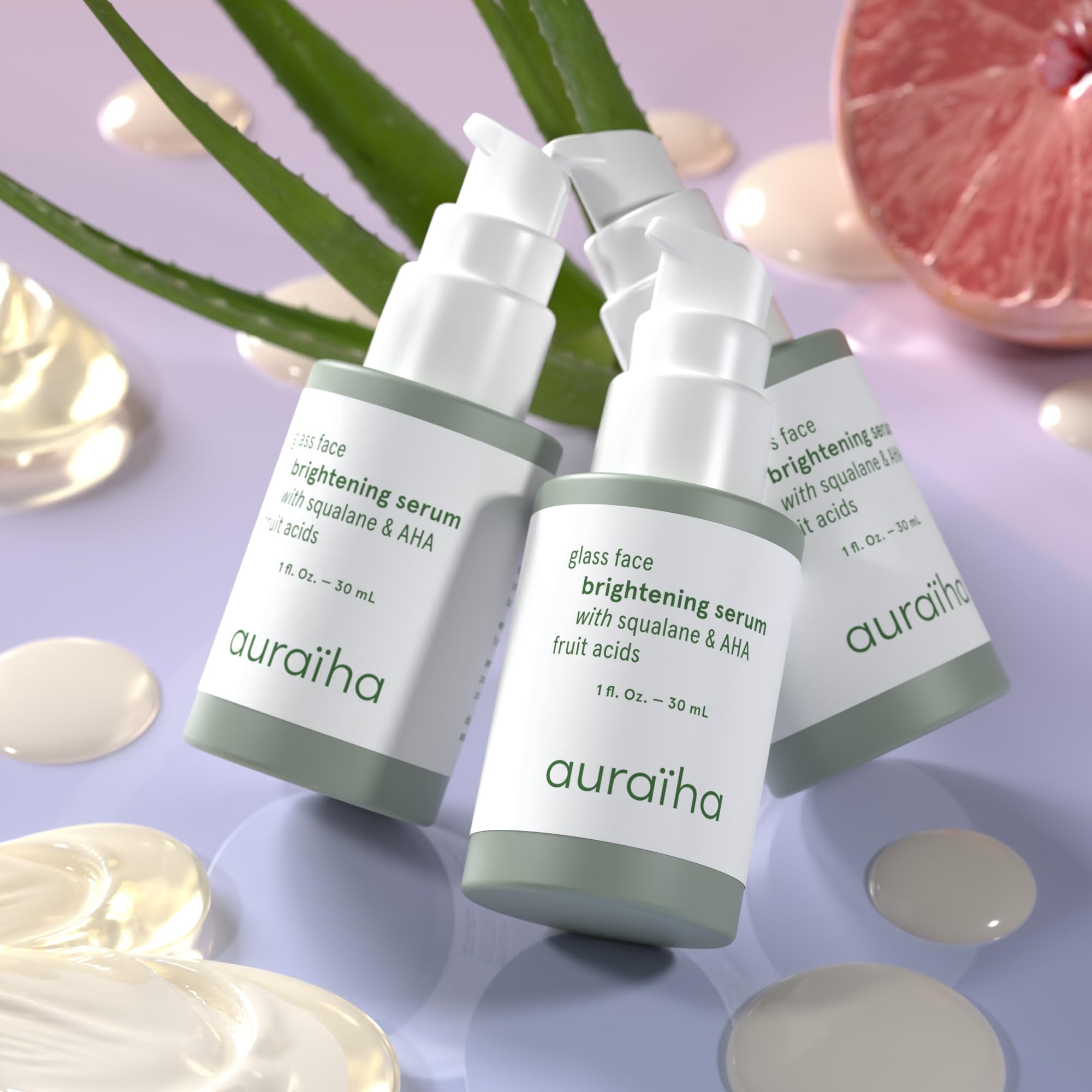 Auraiha Glass Face Brightening Serum - With Squalane and AHA Fruit Acids - Suitable for Sensitive Skin - Vegan, Cruelty-Free, Sustainable - Skincare for a Radiant, Makeup-Free Glow
