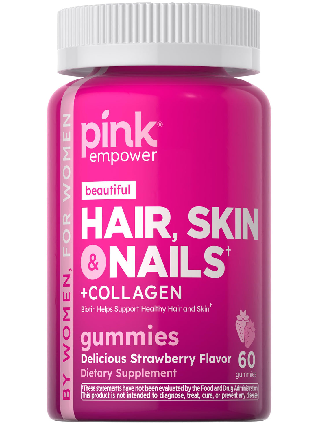 PINK Hair Skin Nails Gummies | 60 Count | Plus Collagen & Biotin | Non-GMO & Gluten Free Vitamins for Women | Strawberry Flavor