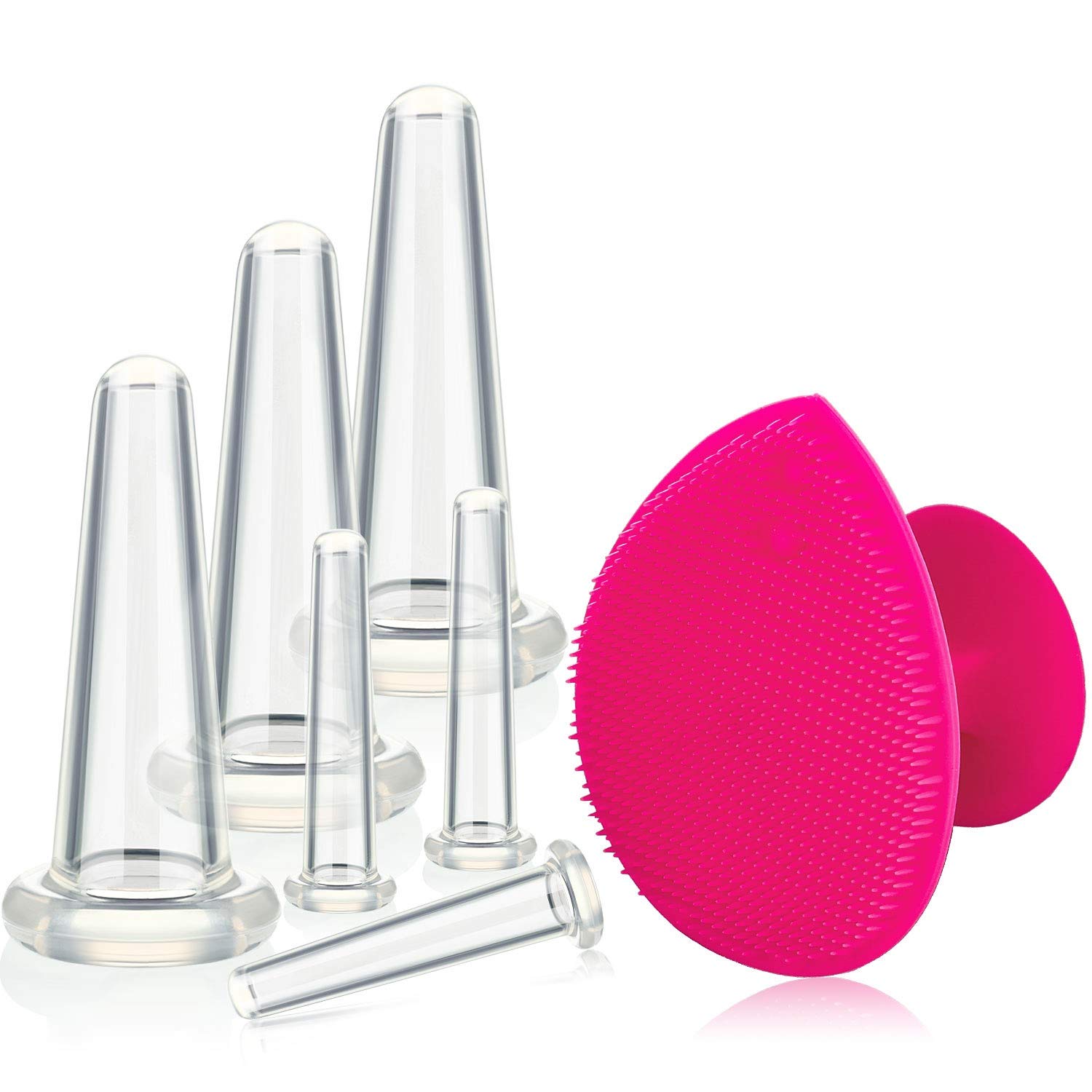 Cupping Facial Set for Face and Eye Cupping Massage, Facial Cupping Set Silicone Cups with Exfoliating Brush for Face Neck Skin (Small Medium, Pink)