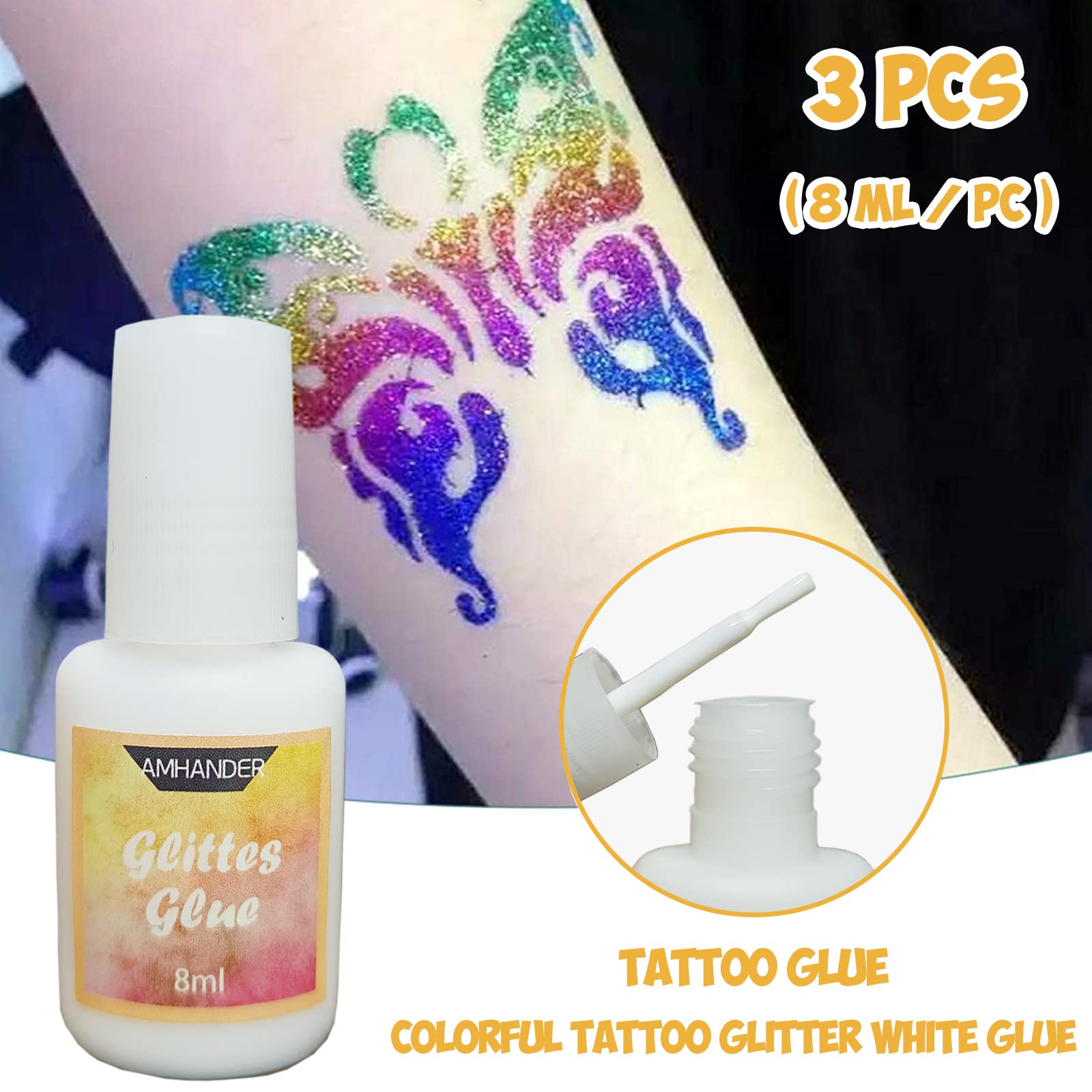 Temporary Tattoo Glue - 8ml Glitter Glue Brush Bottle, Water Soluble Body Painting Glue, Ideal for Halloween, Carnival, Birthday Party, Theme Party, Costume Events & Makeup Artists (3 Pcs)