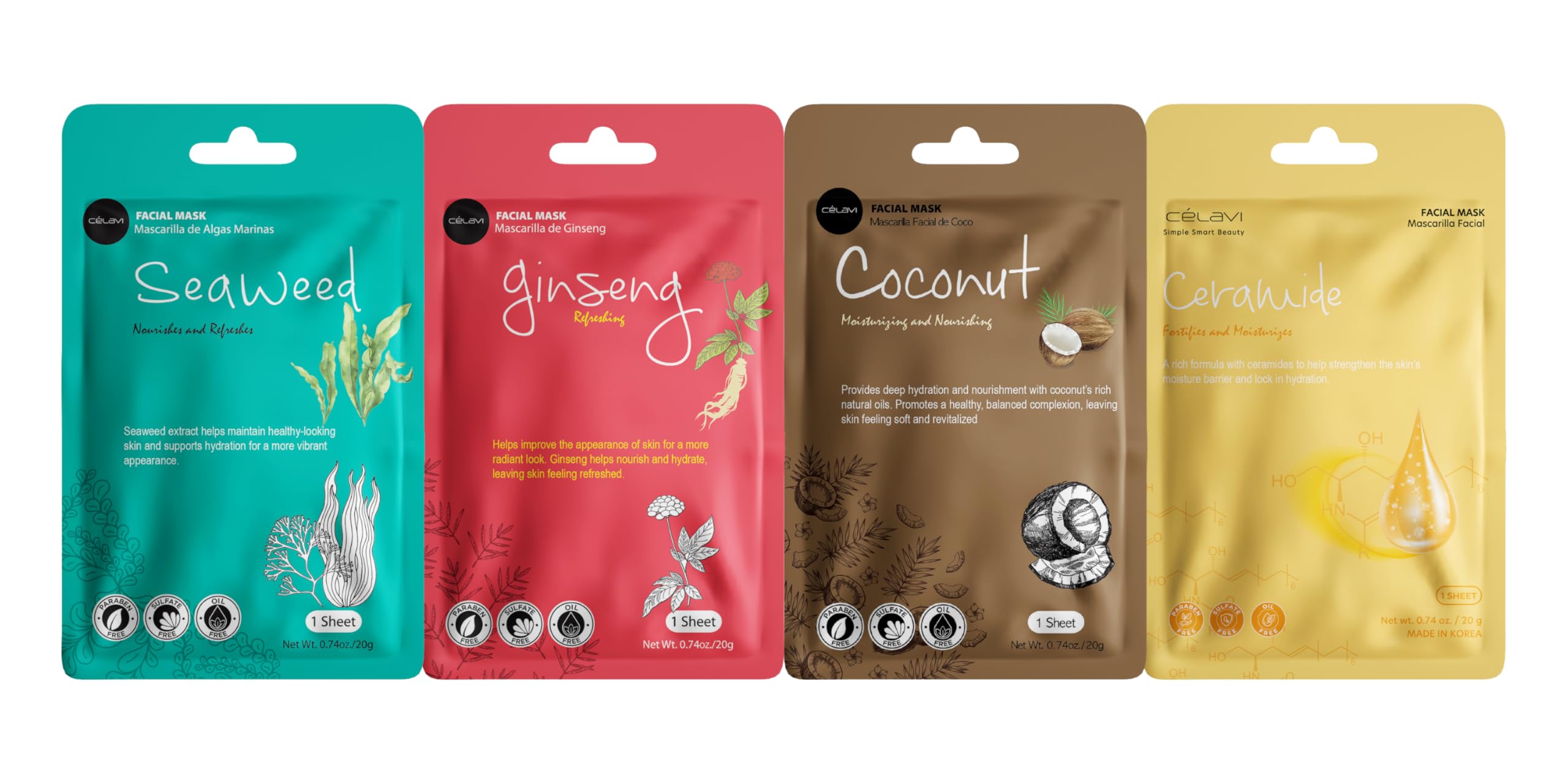 Celavi K-Beauty Skincare Essence Facial Face Mask Korea Skin Care Moisturizing B Set 12 Pack