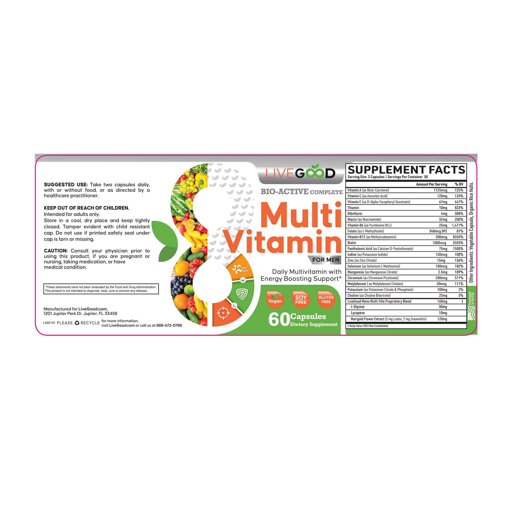 LiveGood™ Men's Bio-Active Complete Multivitamin, Daily Supplement with Vitamin A, B12, C, E, Lycopene, Vegan, 60 Capsules