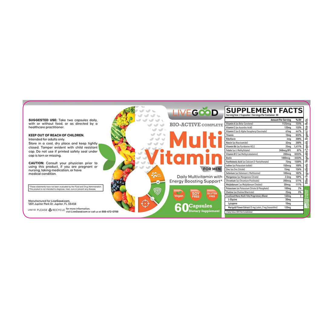 LiveGood™ Men's Bio-Active Complete Multivitamin, Daily Supplement with Vitamin A, B12, C, E, Lycopene, Vegan, 60 Capsules
