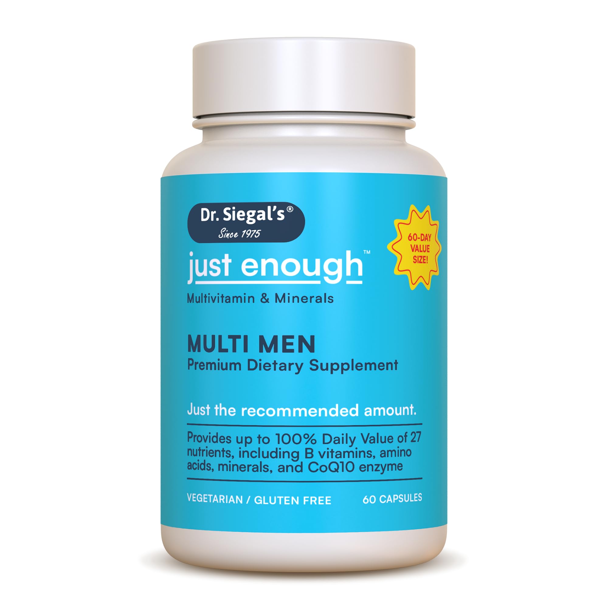Dr. Siegal's Just Enough Multivitamins for Men - 60 Capsules - 60 Servings Vegetarian Multivitamin for Men Capsules - Men's Daily Multivitamin - Mens Multivitamins & Multi Minerals Supplement